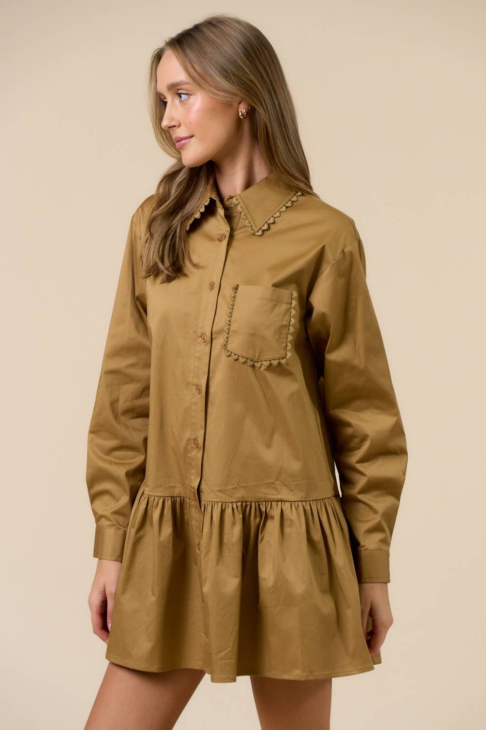 Scalloped Trim Button-Up Dress