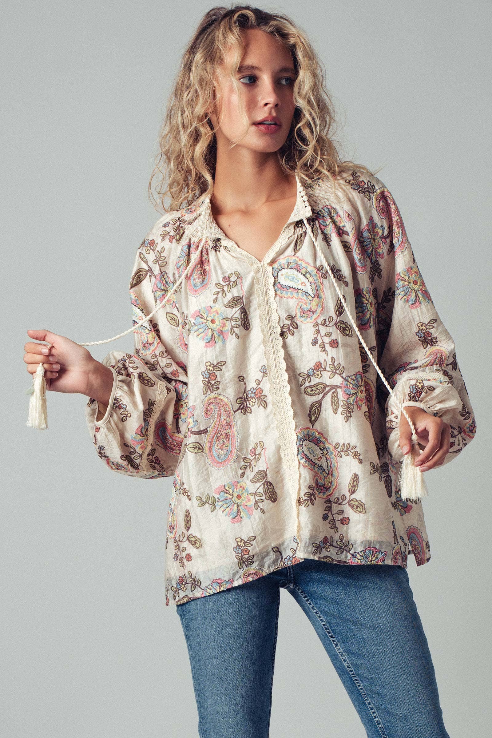 Embroidered Boho Paisley Blouse Top