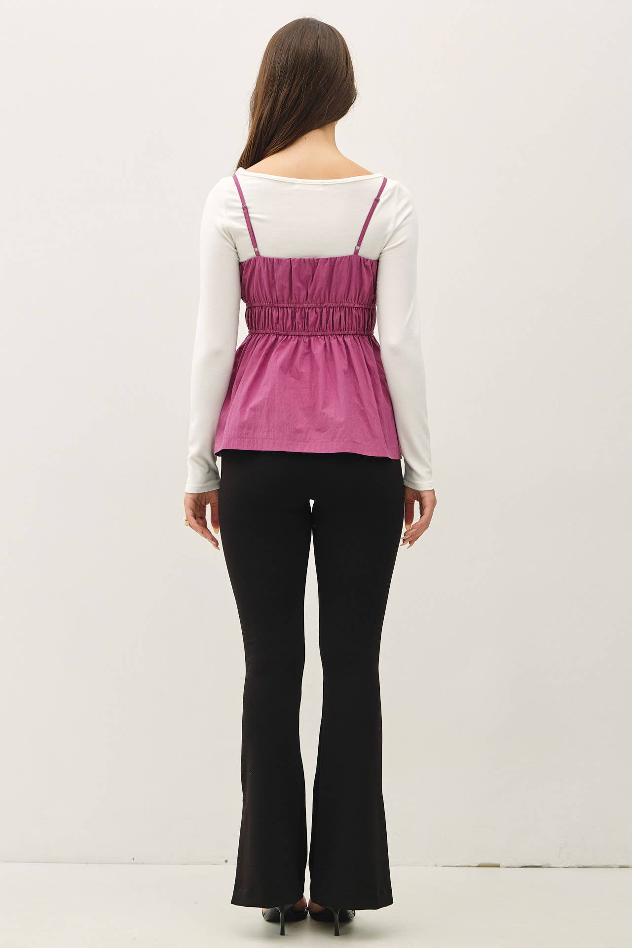 RUCHED CAMI TOP W SOMKED WAIST AND PEPLUM HEM