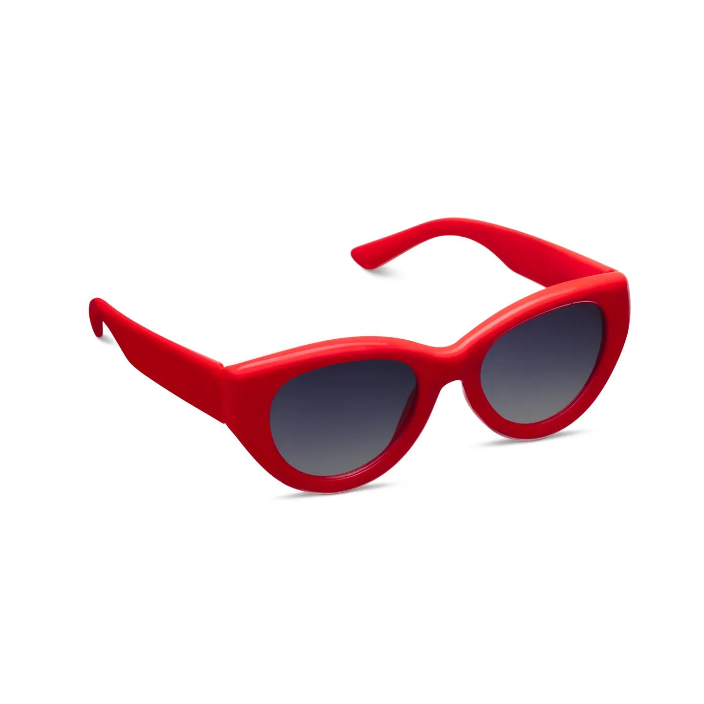 Red sunglasses with dark lenses on a white background