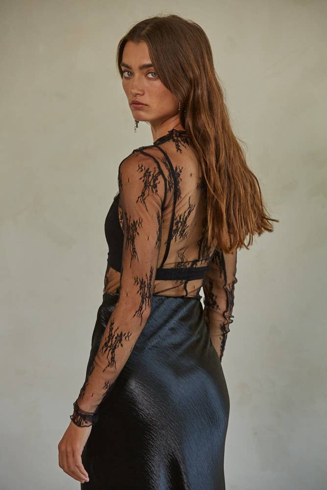 Knit Jacquard Lace Mock Neck Top