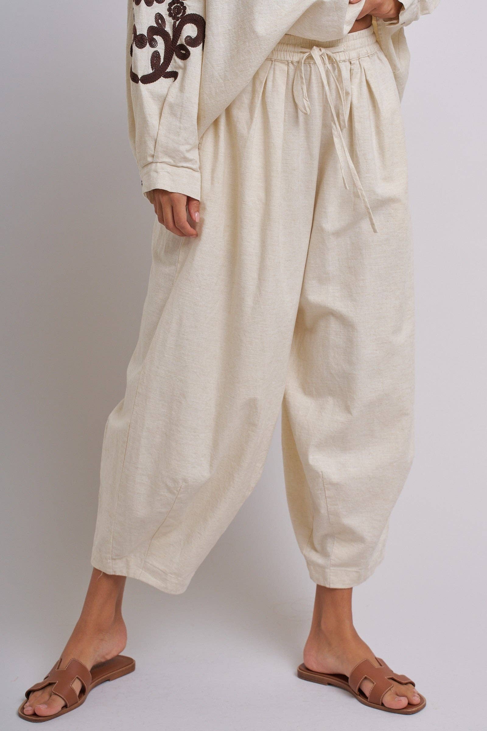 Linen Drawstring Cocoon Pants with Elastic Waist
