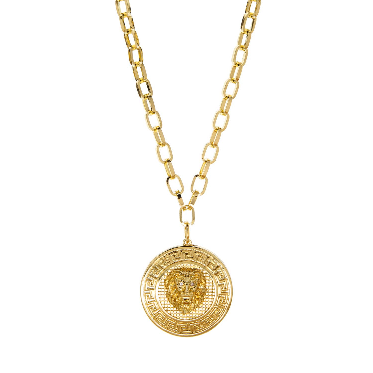 Gold necklace with a lion head pendant on a white background