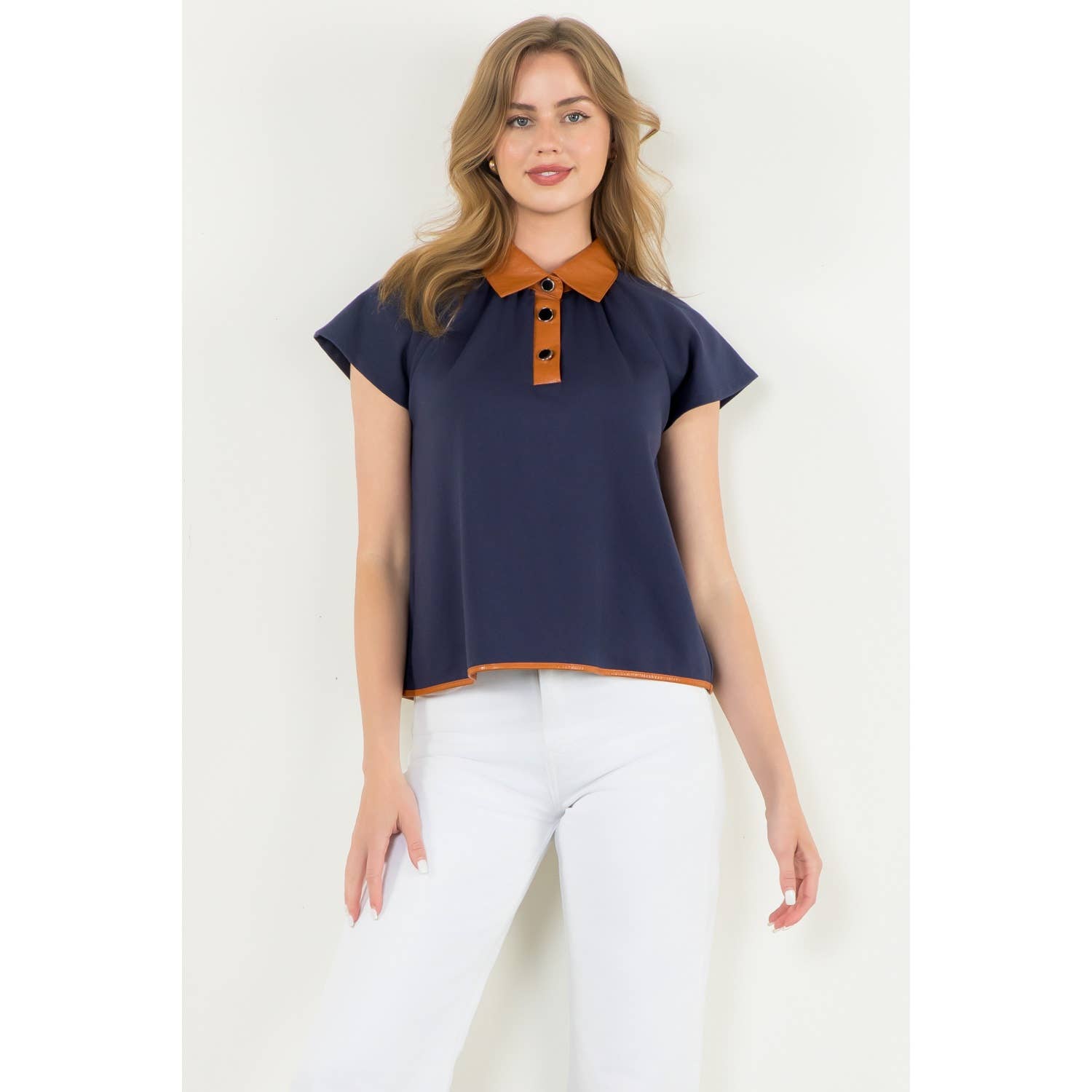 Contrast Collar Faux Leather Top