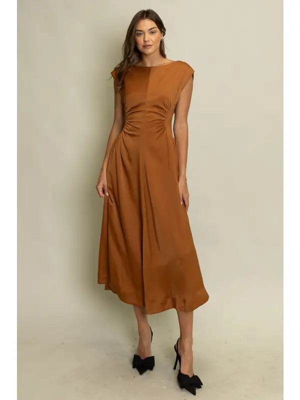 Ruched Satin Midi Dress