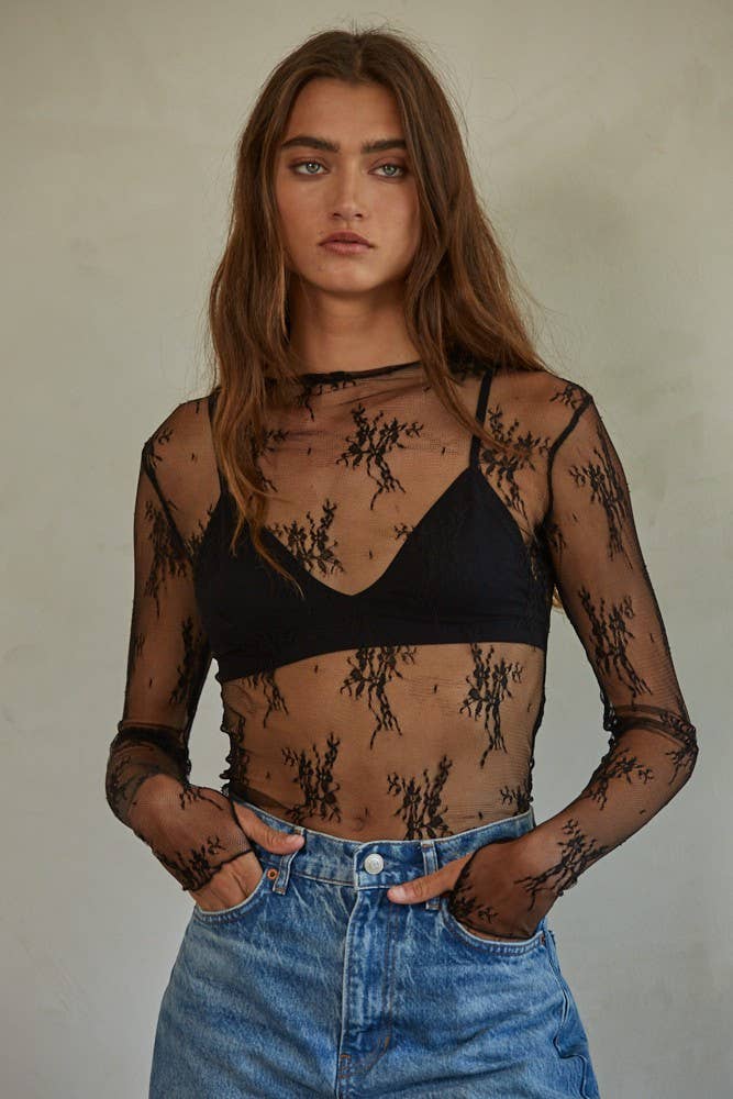 Knit Jacquard Lace Mock Neck Top