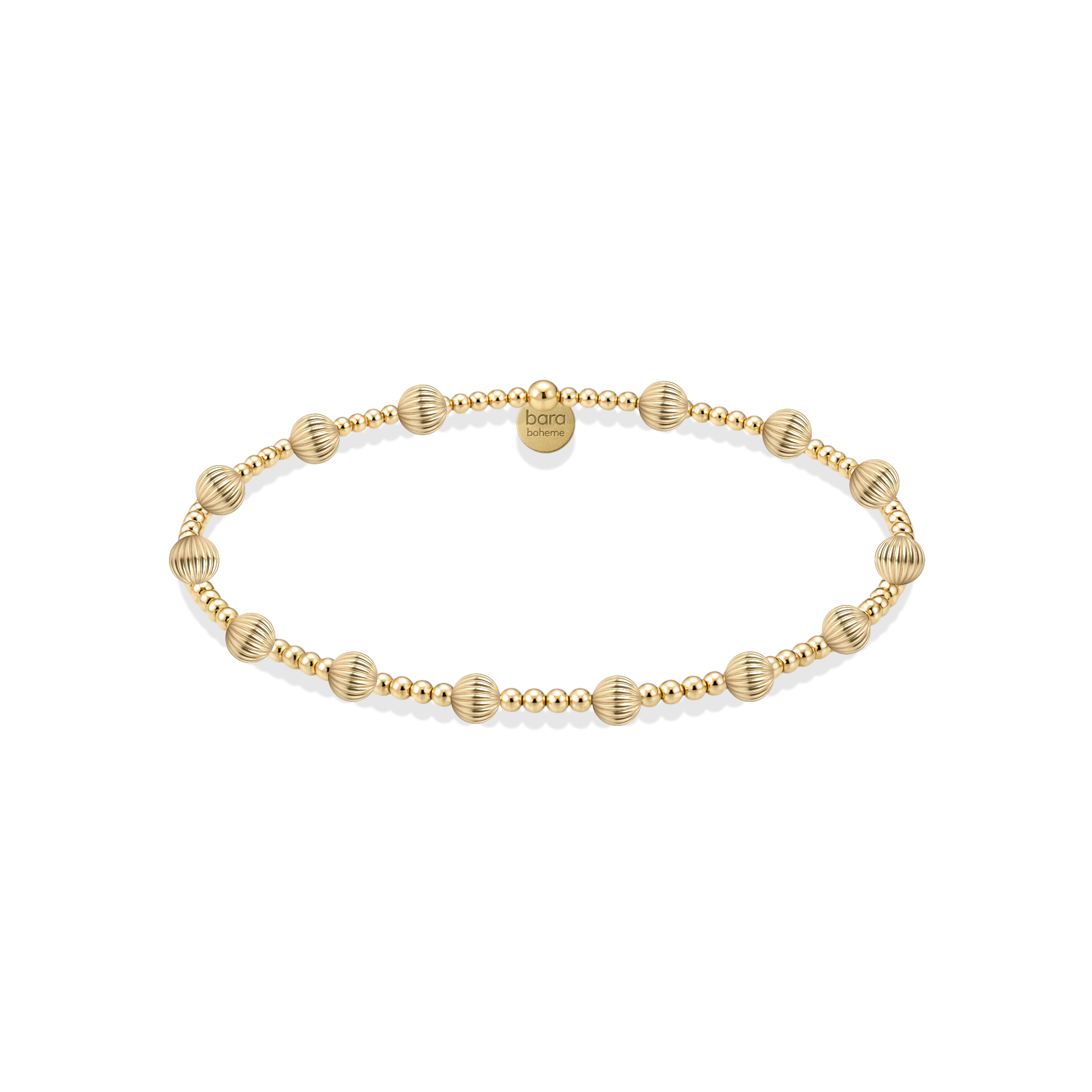 Gold bracelet with beaded design on a white background