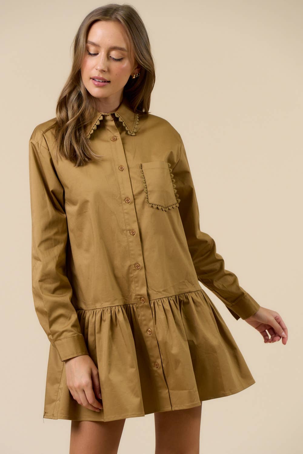 Scalloped Trim Button-Up Dress
