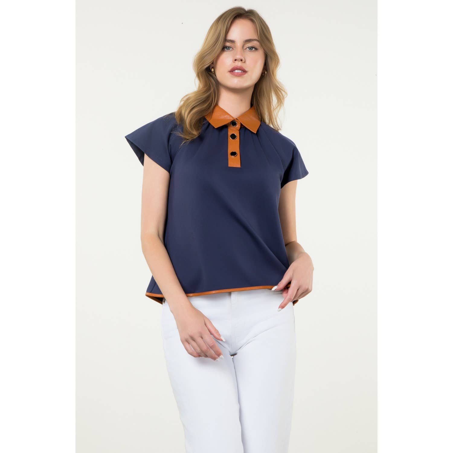 Contrast Collar Faux Leather Top