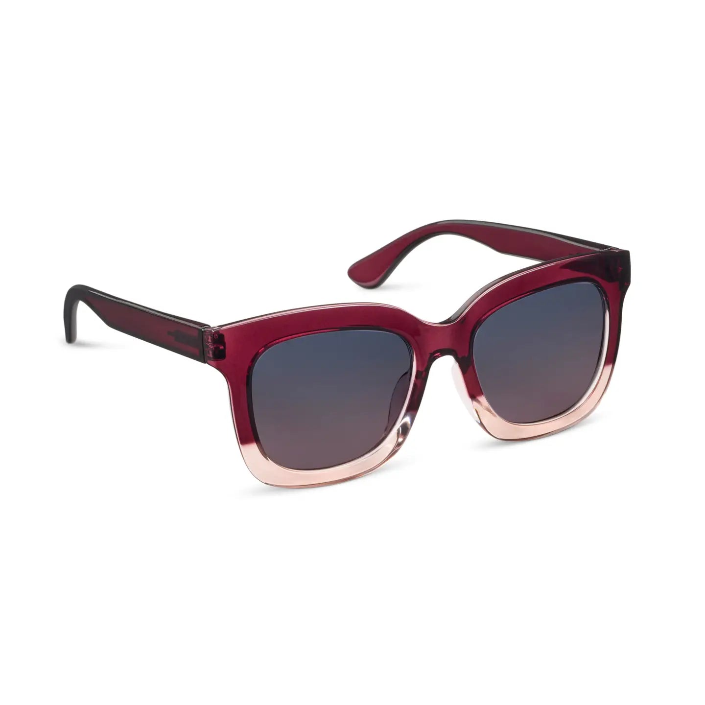 Sunglasses with a maroon frame and dark lenses on a white background