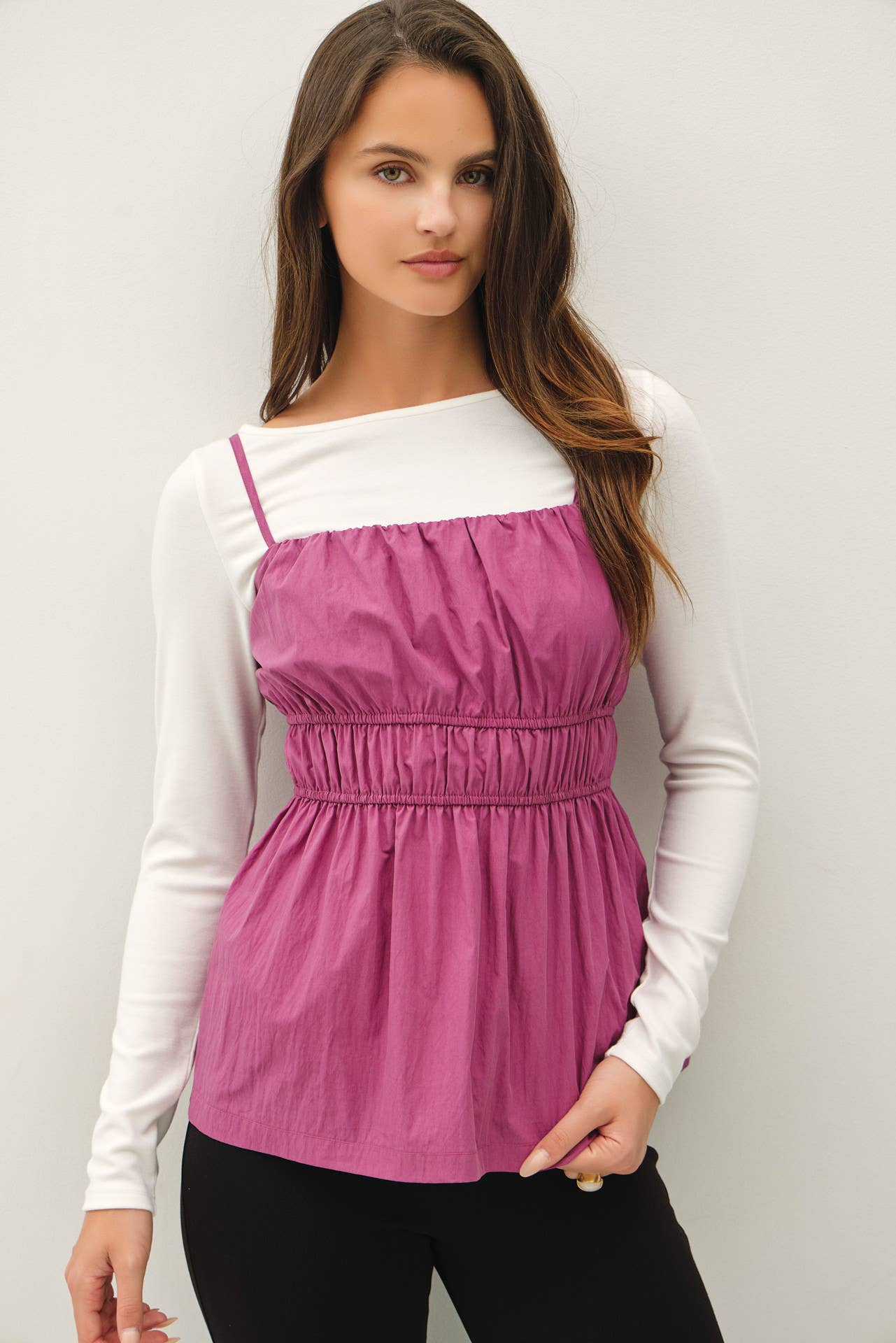 RUCHED CAMI TOP W SOMKED WAIST AND PEPLUM HEM