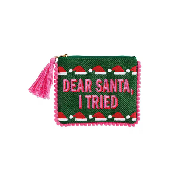 Green pouch with 'Dear Santa, I Tried' text and tassel on a white background