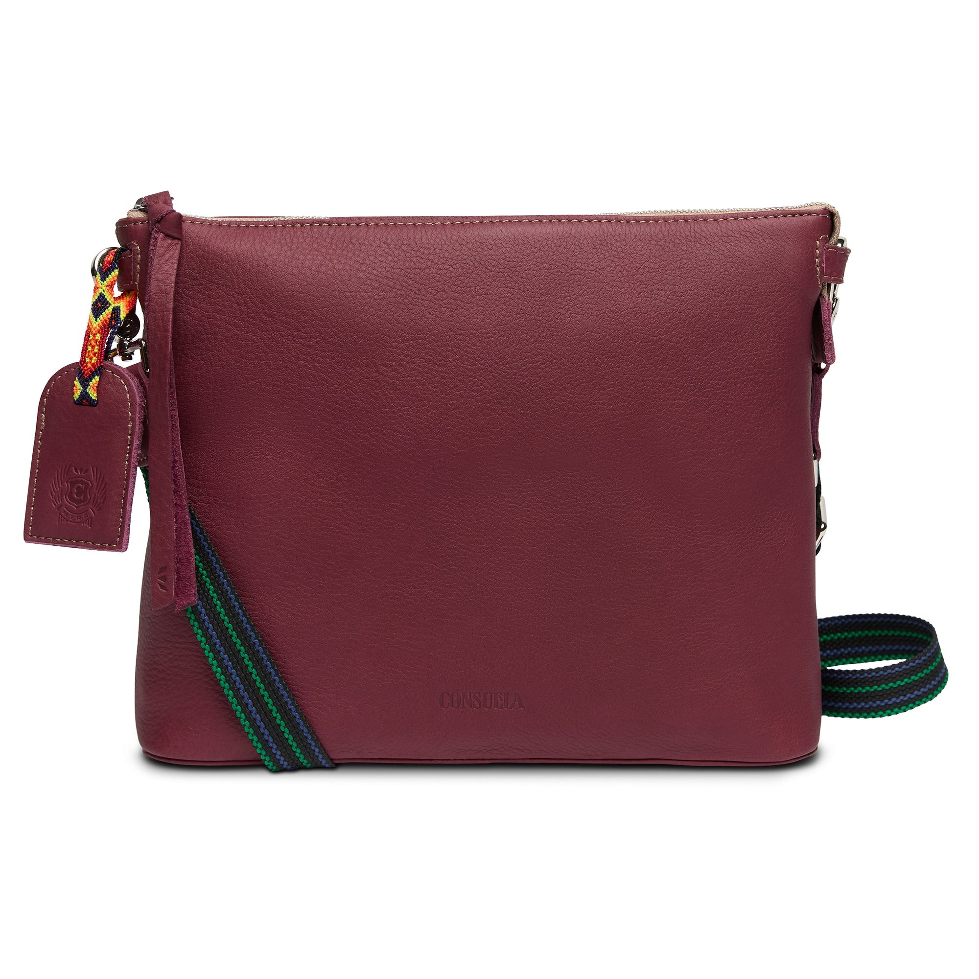 Maroon leather crossbody bag with a colorful strap on a white background