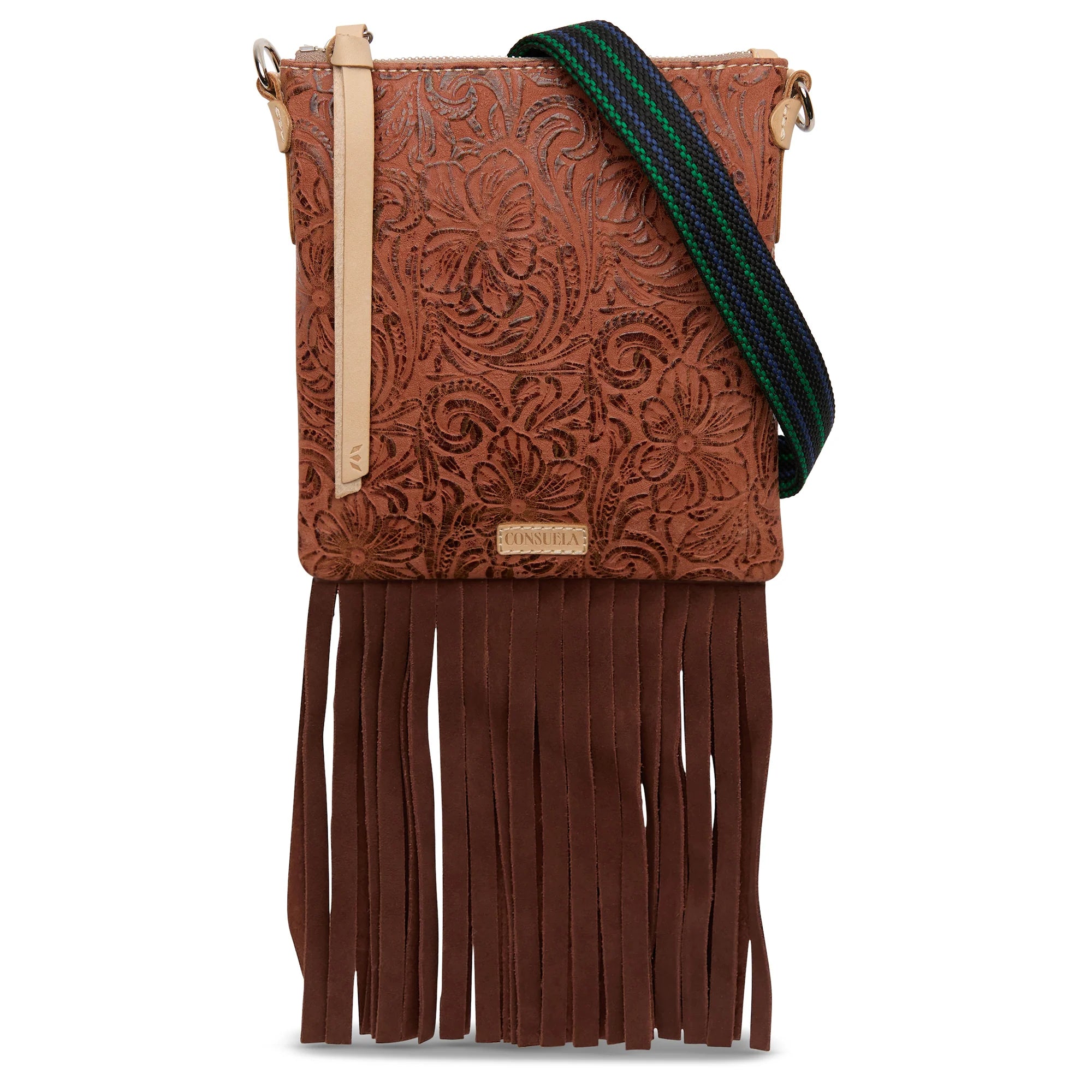 Brown leather crossbody bag with fringes and embossed design on a white background