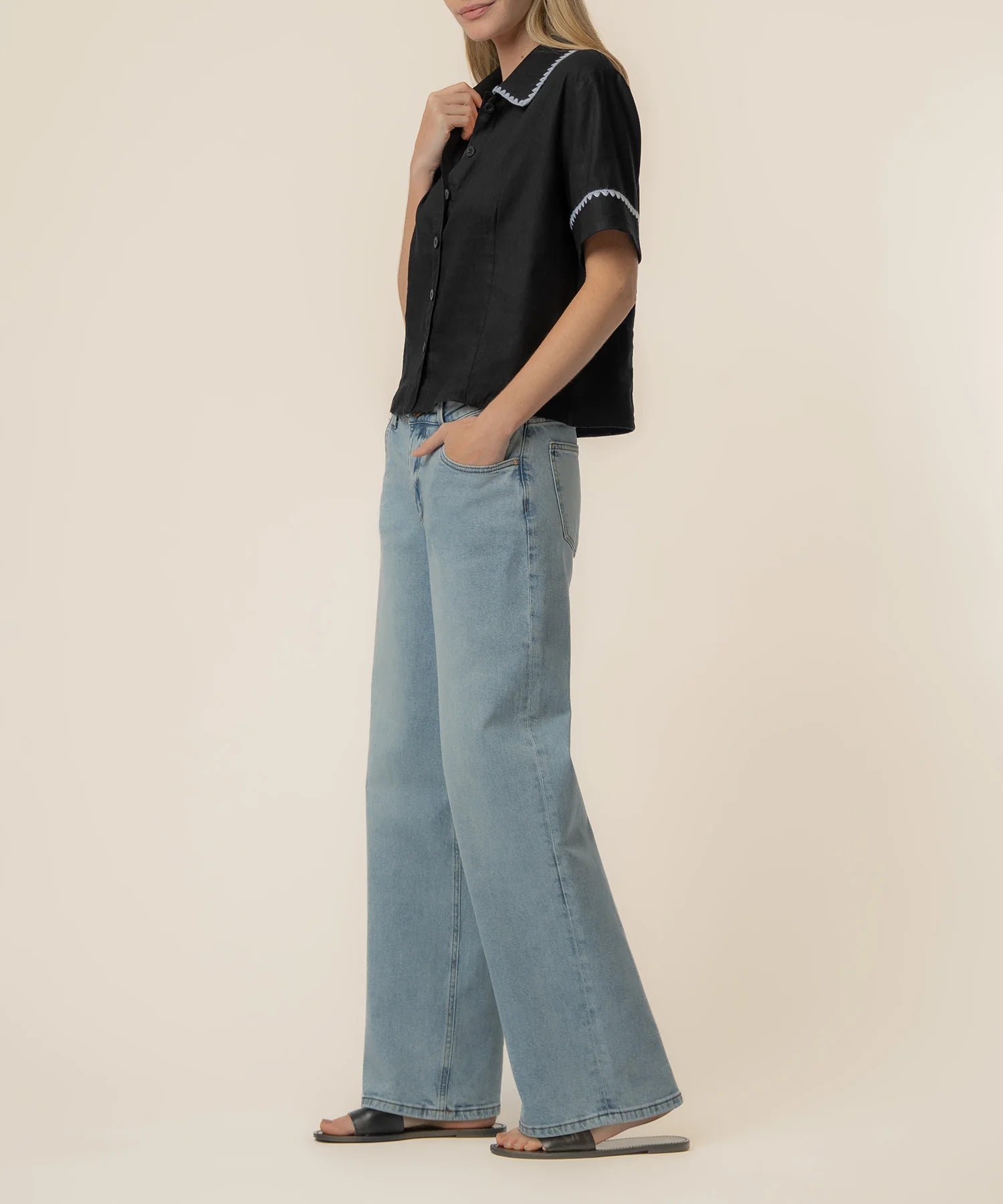 KUT Denim | Marisol Linen Top in Black/White