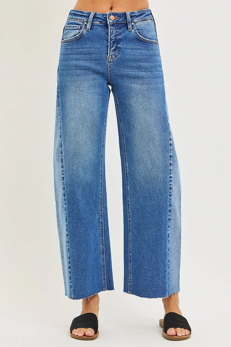 Risen Jeans | Slouchy Cropped Barrel Blue Jeans with Contrast Wash