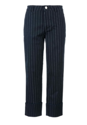 Navy pinstripe pants on a white background