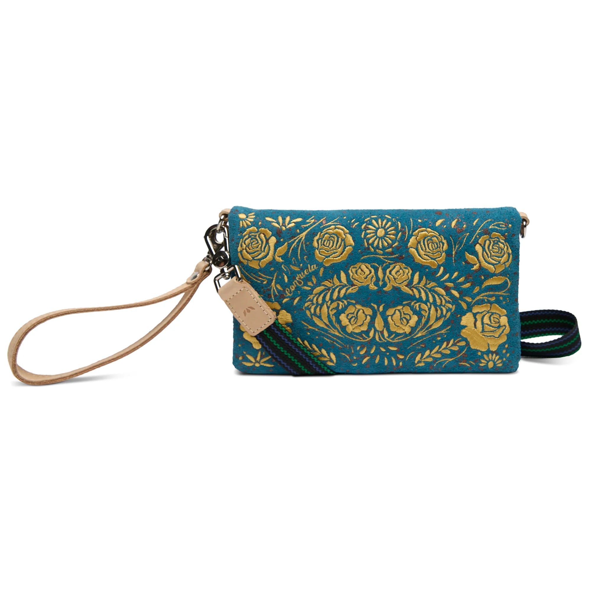 Blue clutch with gold floral pattern on a white background