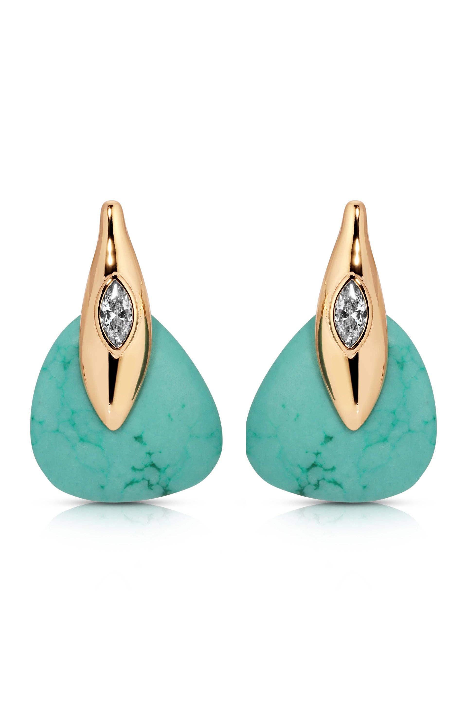 Turquoise earrings with gold accents on a white background