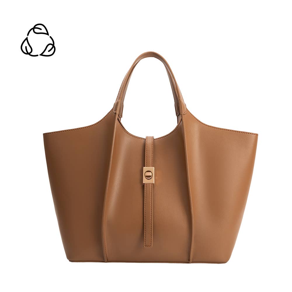Brown leather tote bag with a strap on a white background