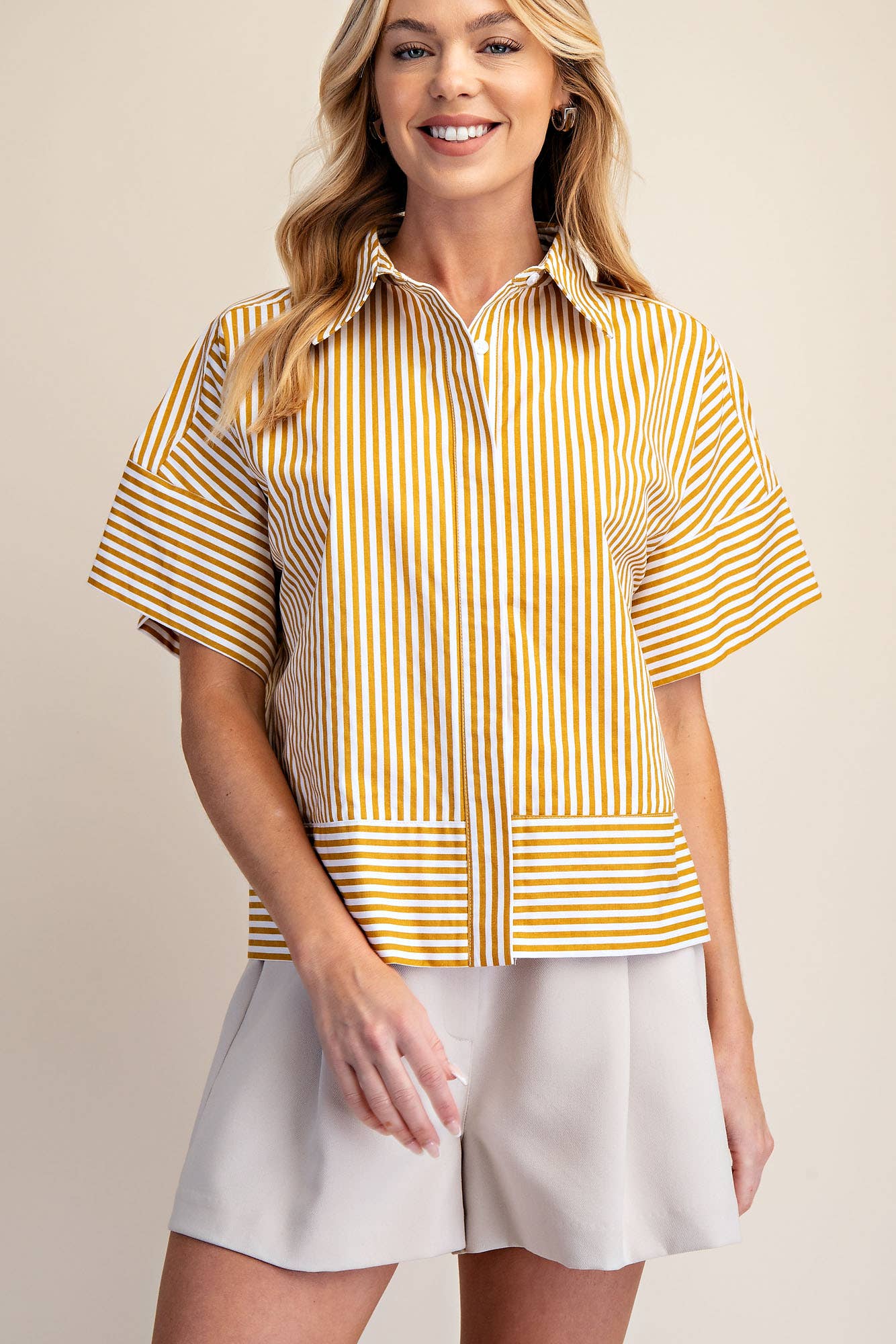 Neck Band Short Sleeve Button Down Top