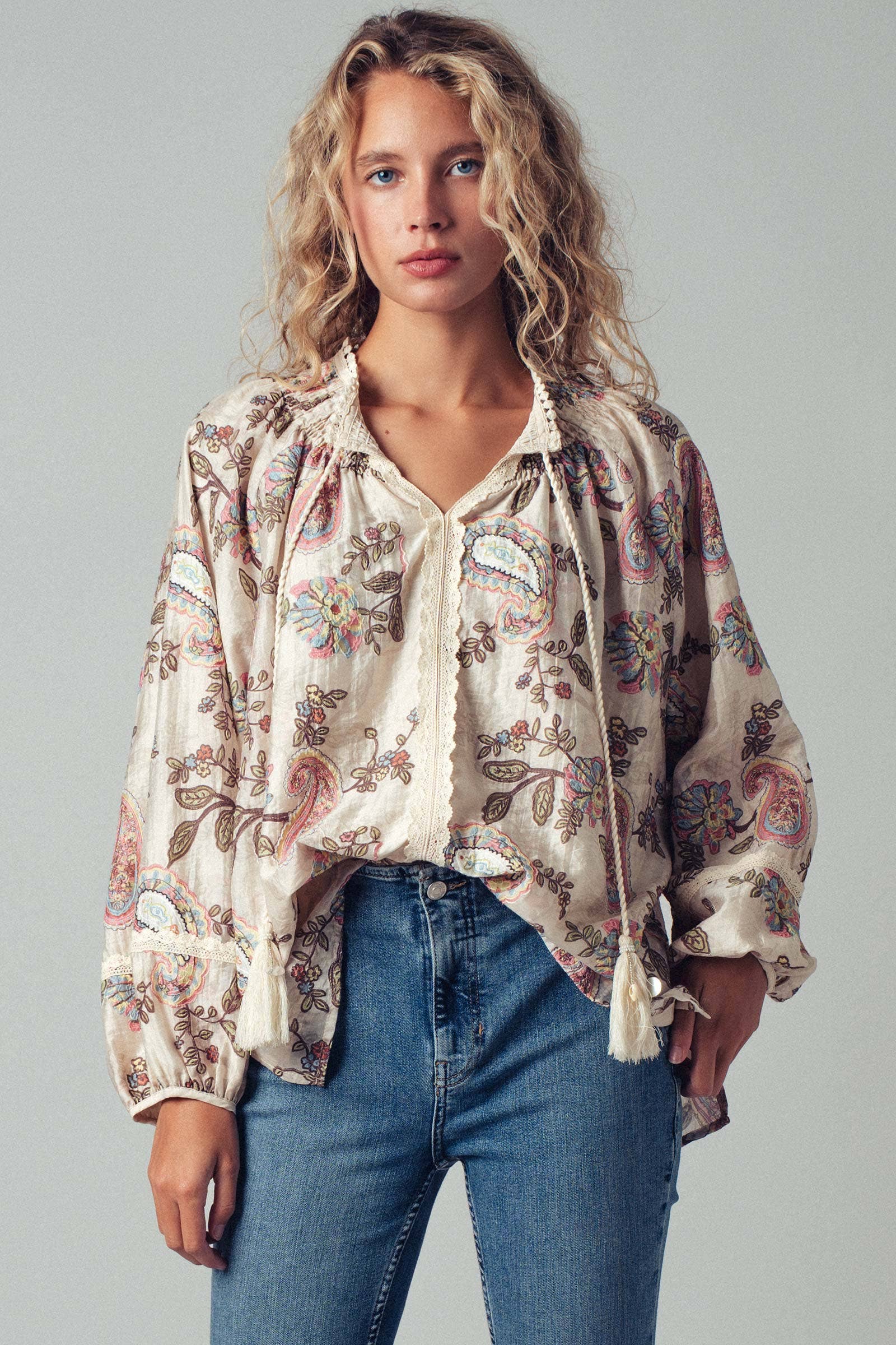 Embroidered Boho Paisley Blouse Top