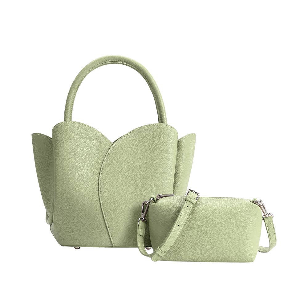 Light green handbag with matching pouch on a white background