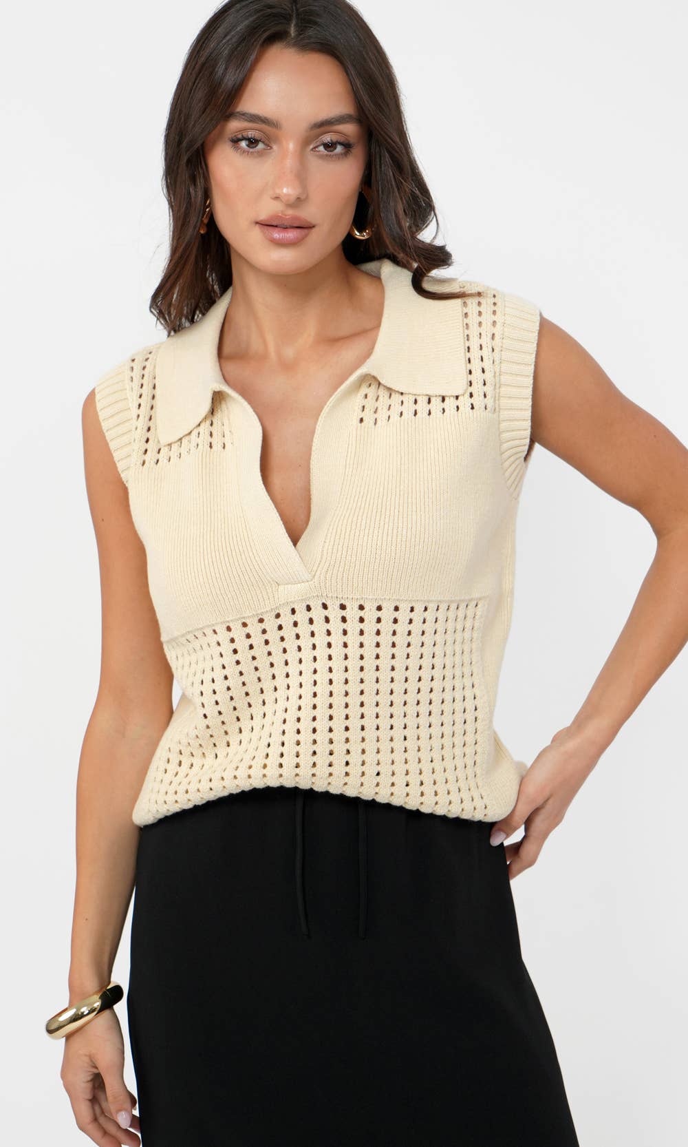 Collared Sleeveless Pointelle Knit Top