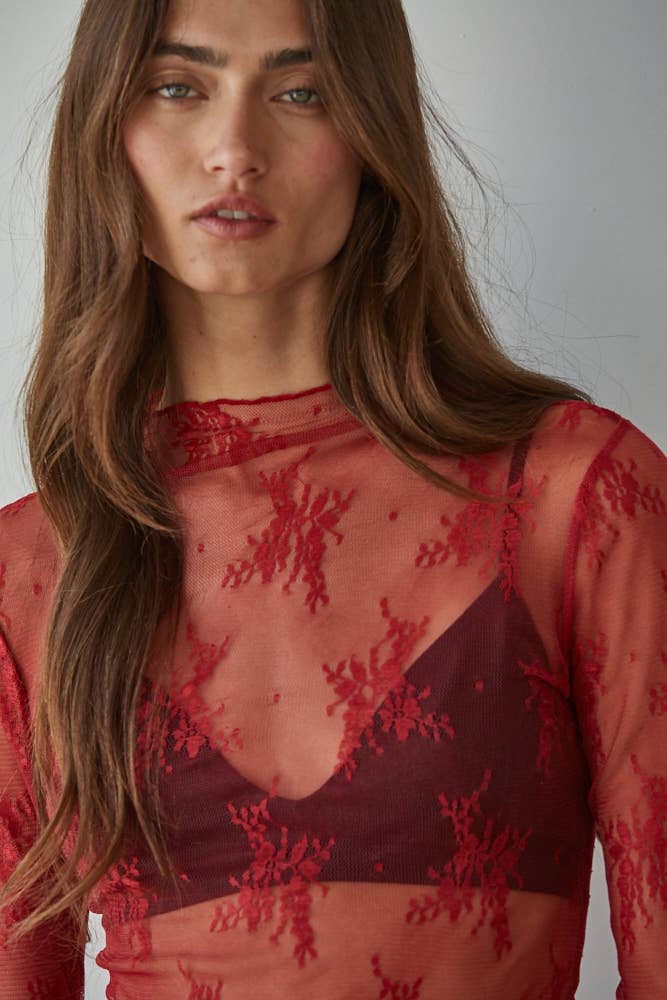 Knit Jacquard Lace Mock Neck Top