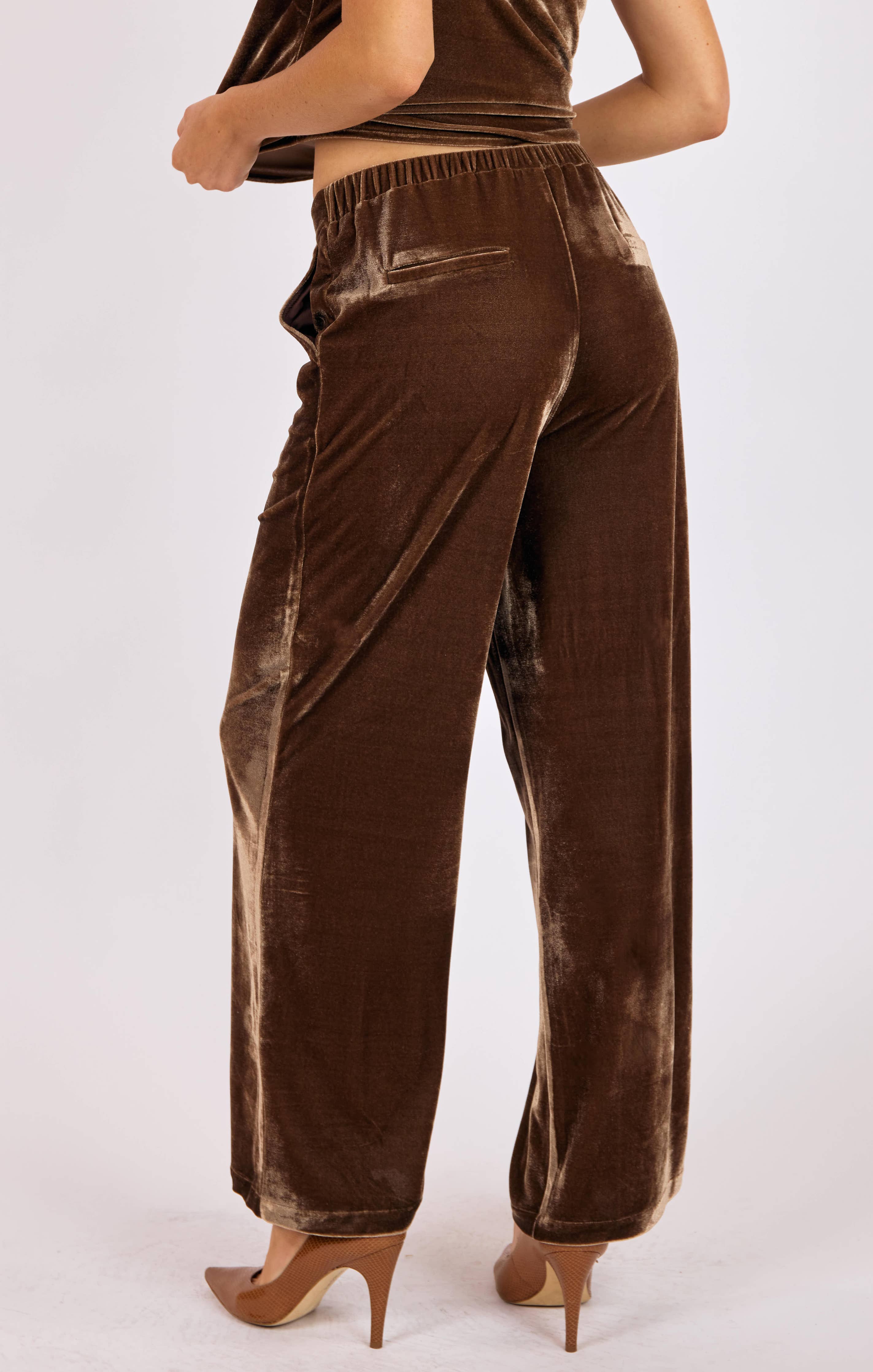 Twilight Spell Stretch Velvet Pin Tuck Trousers : MOCHA