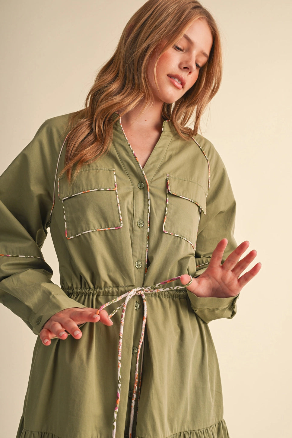 Women's Utility Midi Dress with Contrast Piping Trim
