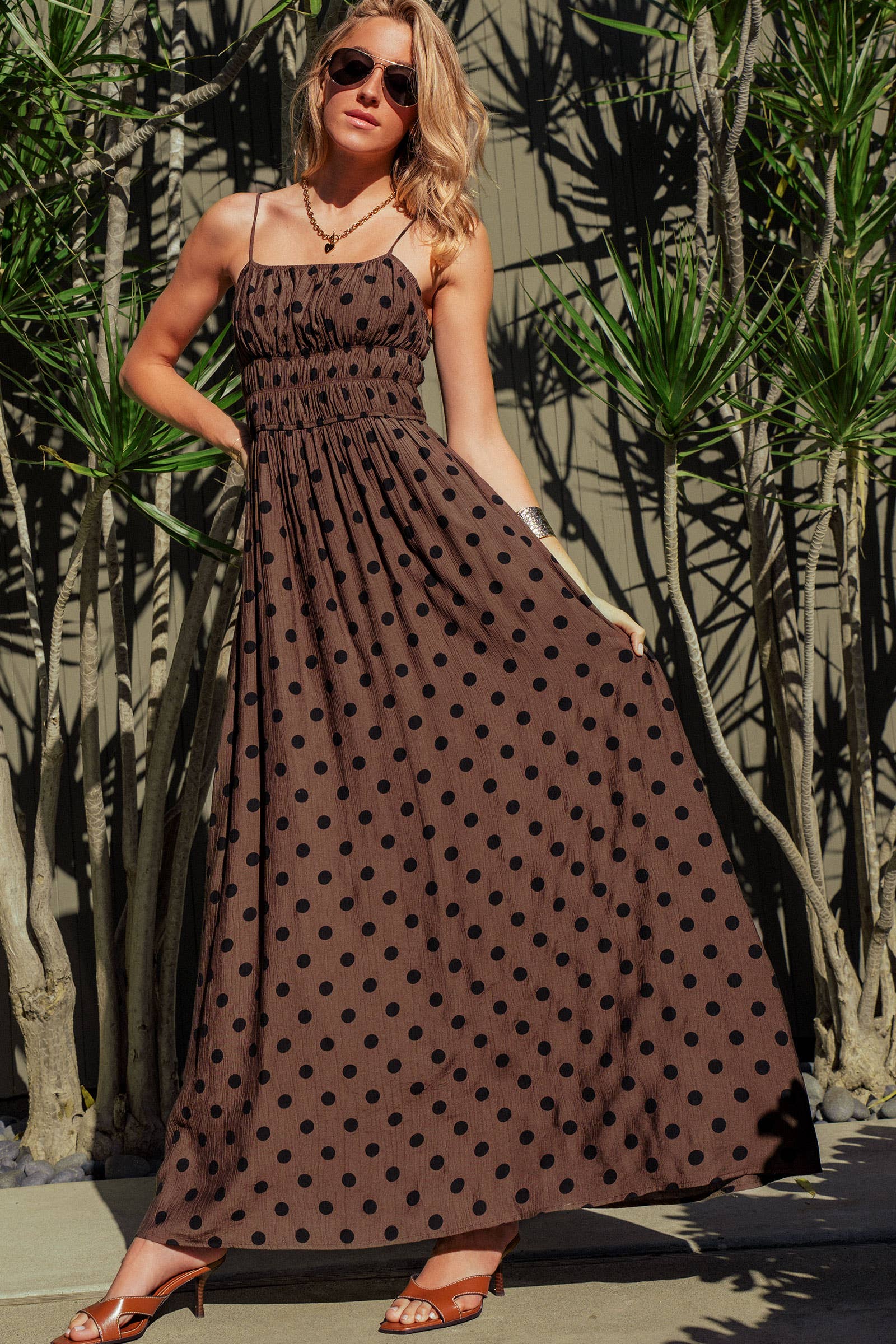 Polka Dot Smocked Maxi Dress Linen Blend