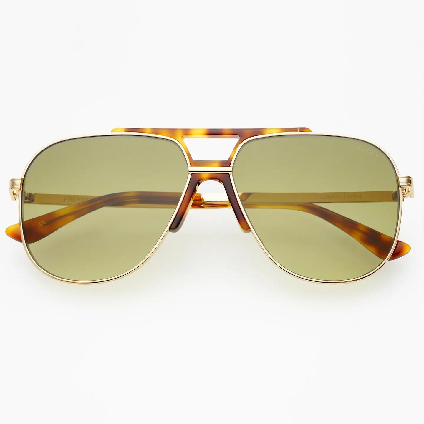 Sunglasses with tortoiseshell frame and gold accents on a white background