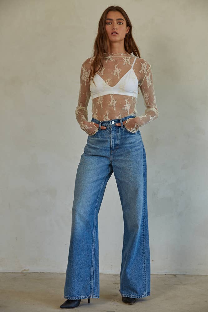 Knit Jacquard Lace Mock Neck Top