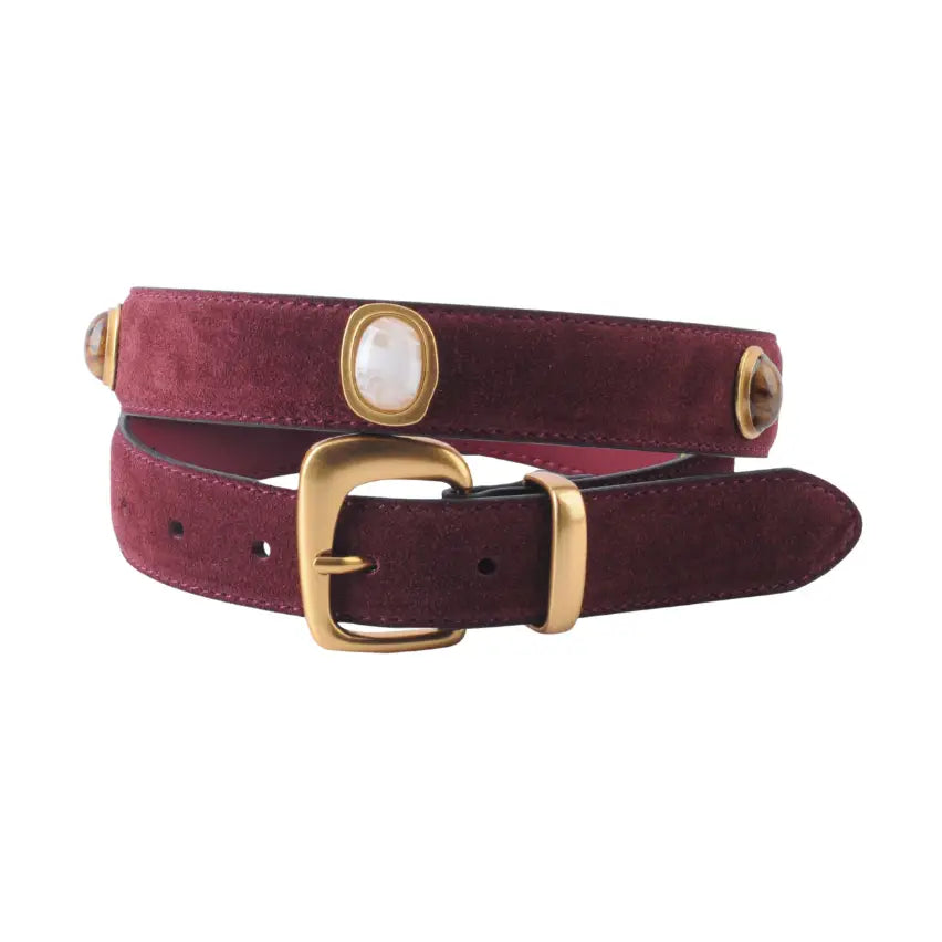 Women's burgundy suede belt with gold buckle and gemstone details