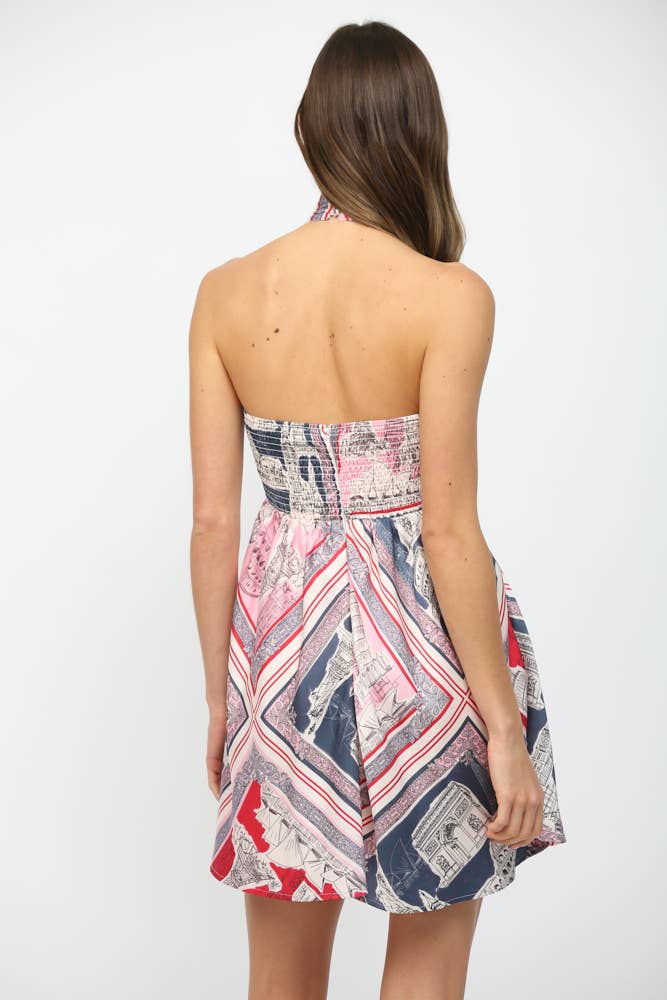 BORDERED DESTINATION PRINT HALTER DRESS