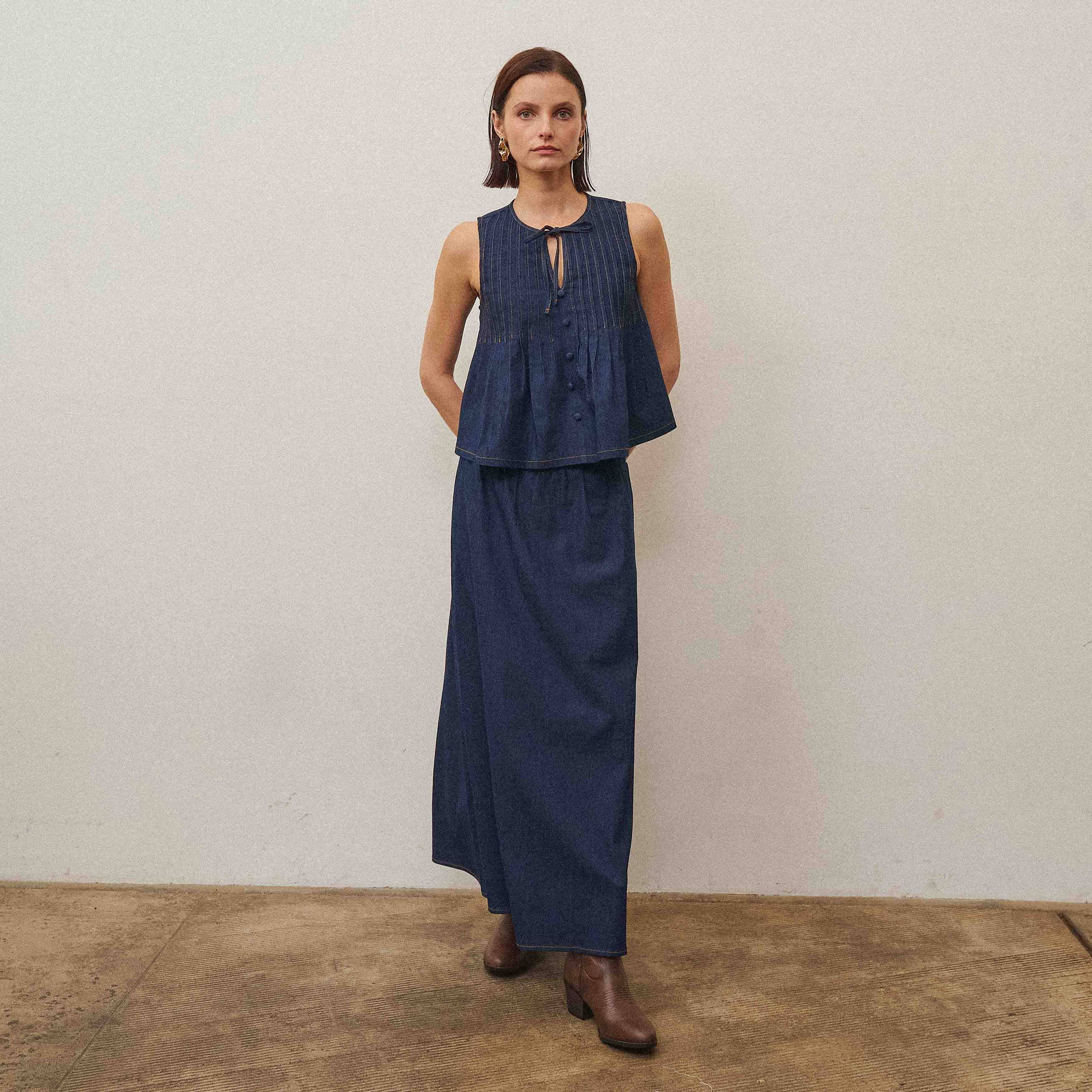 Denim Sleeveless Pleated Top