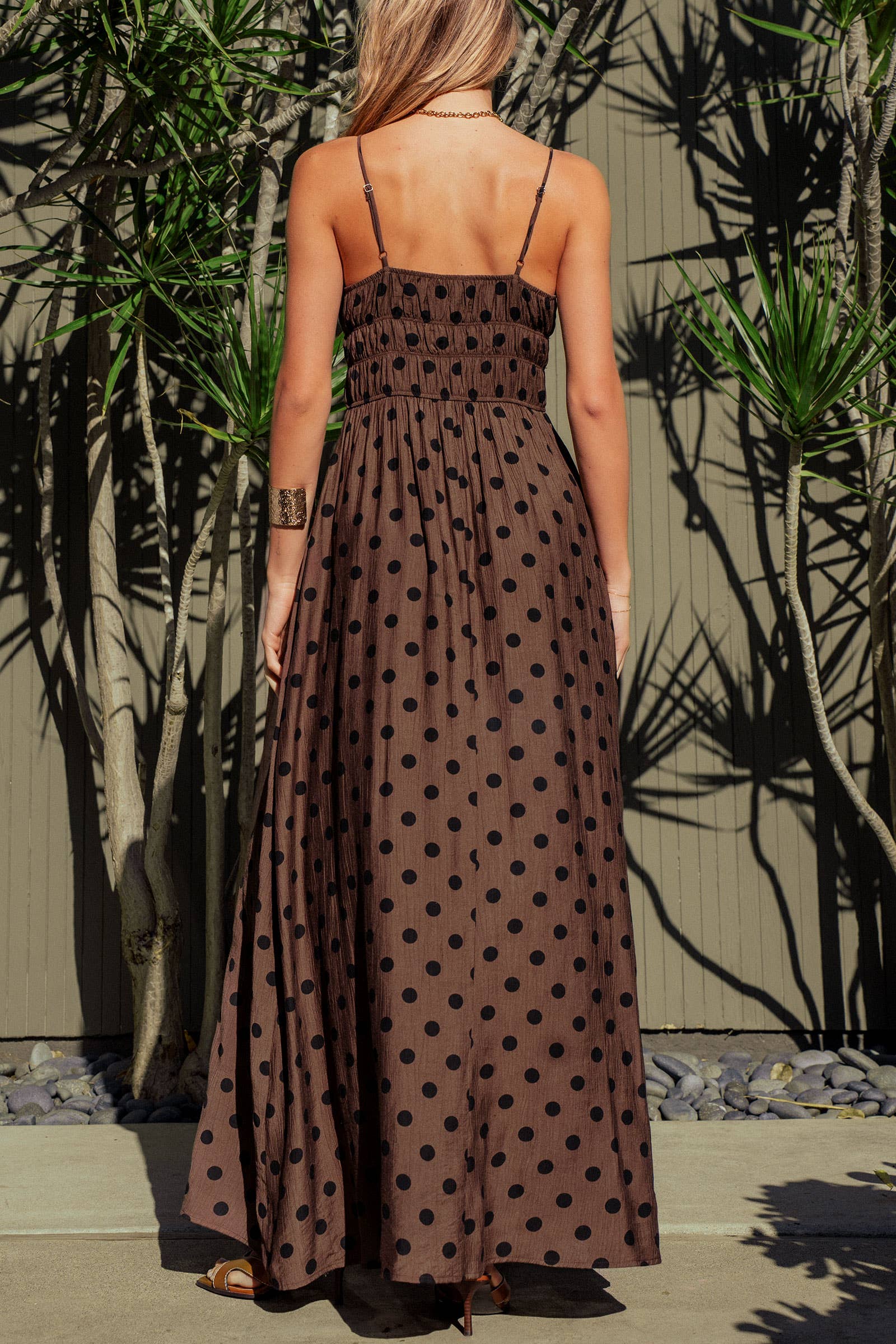 Polka Dot Smocked Maxi Dress Linen Blend
