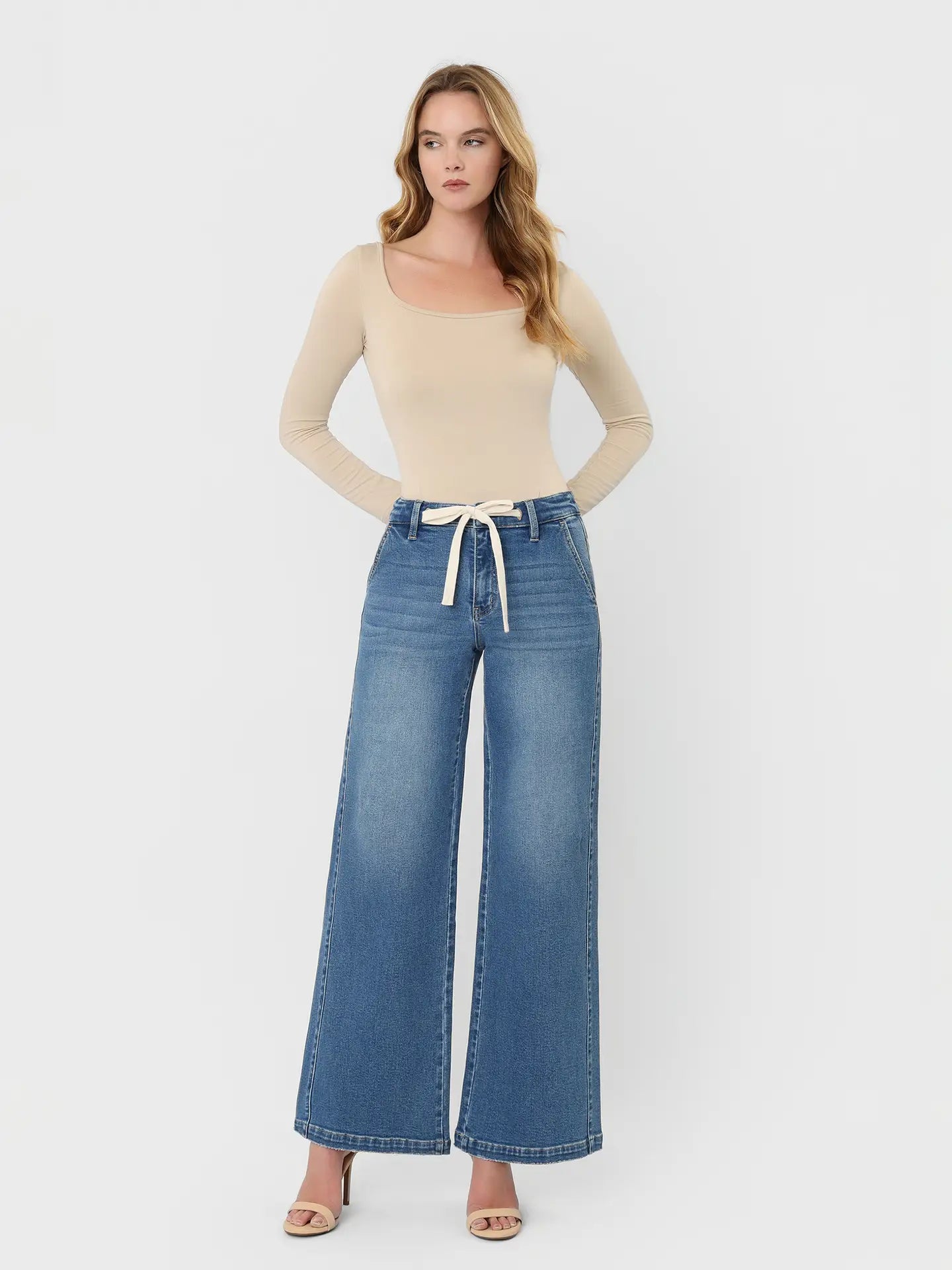 Vervet |High Rise Waist Tie Twist Wide Jeans
