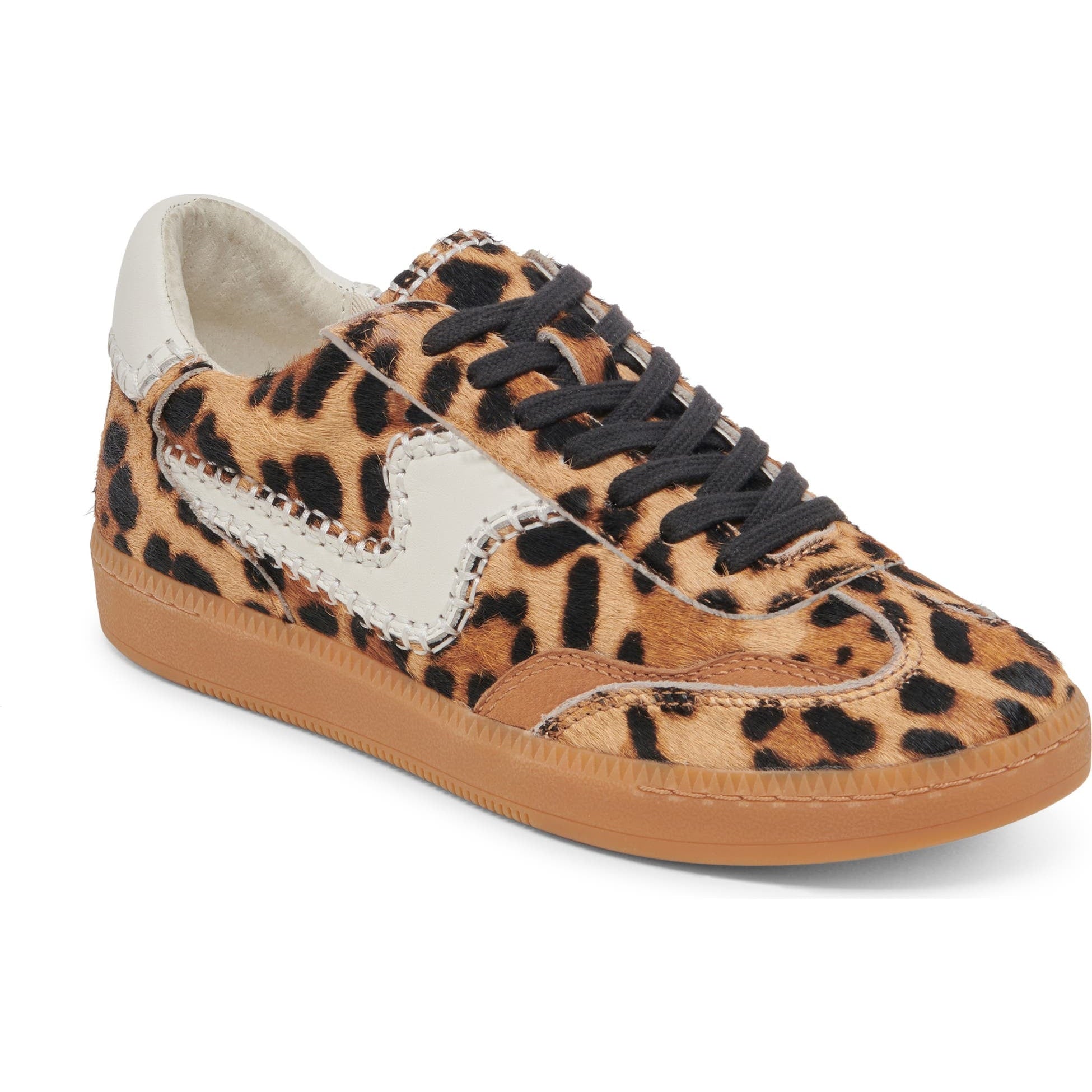 Leopard print sneaker with a white swoosh logo on a white background