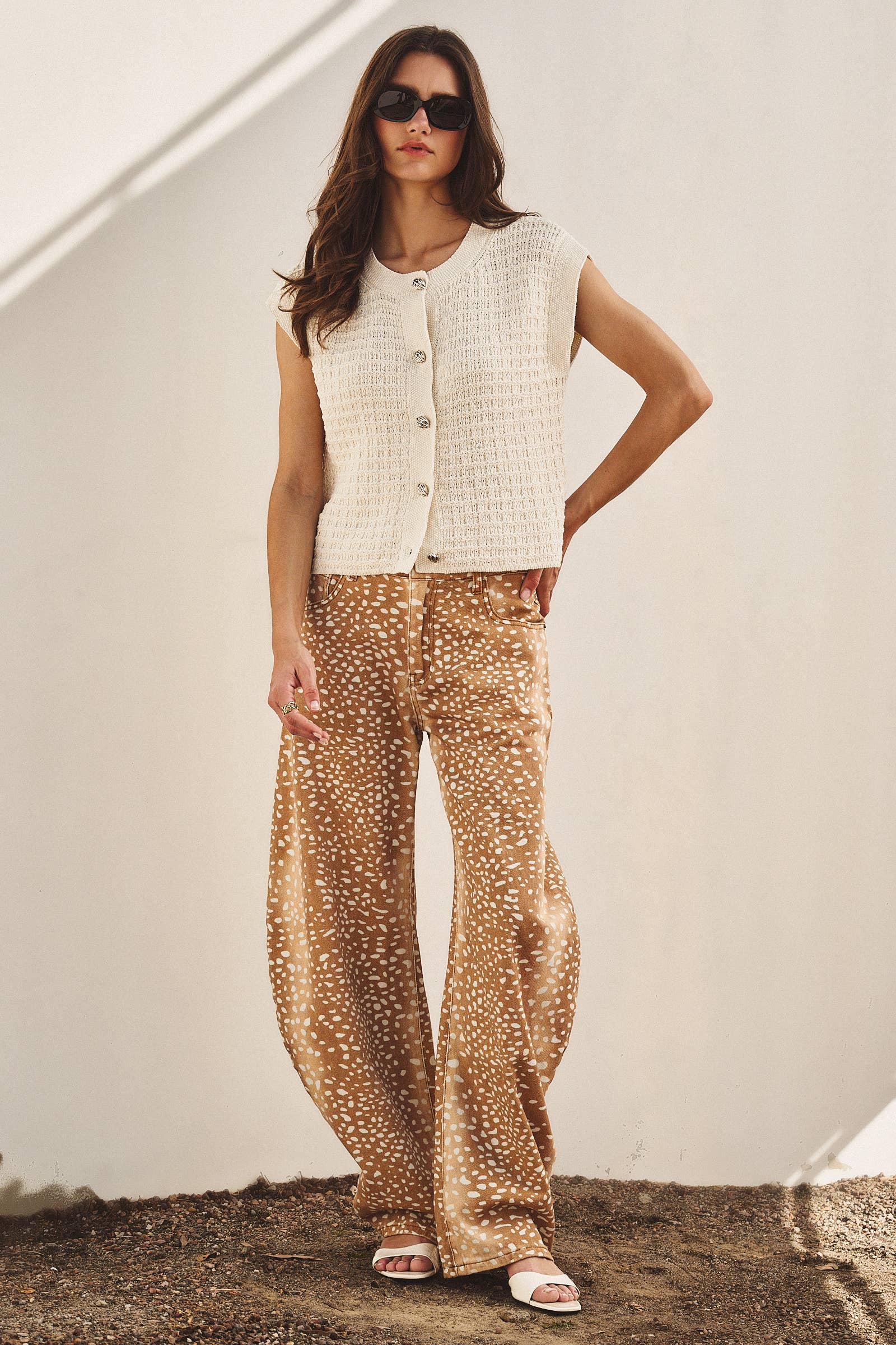 Bambi Deer Print Wide Leg Denim Pants