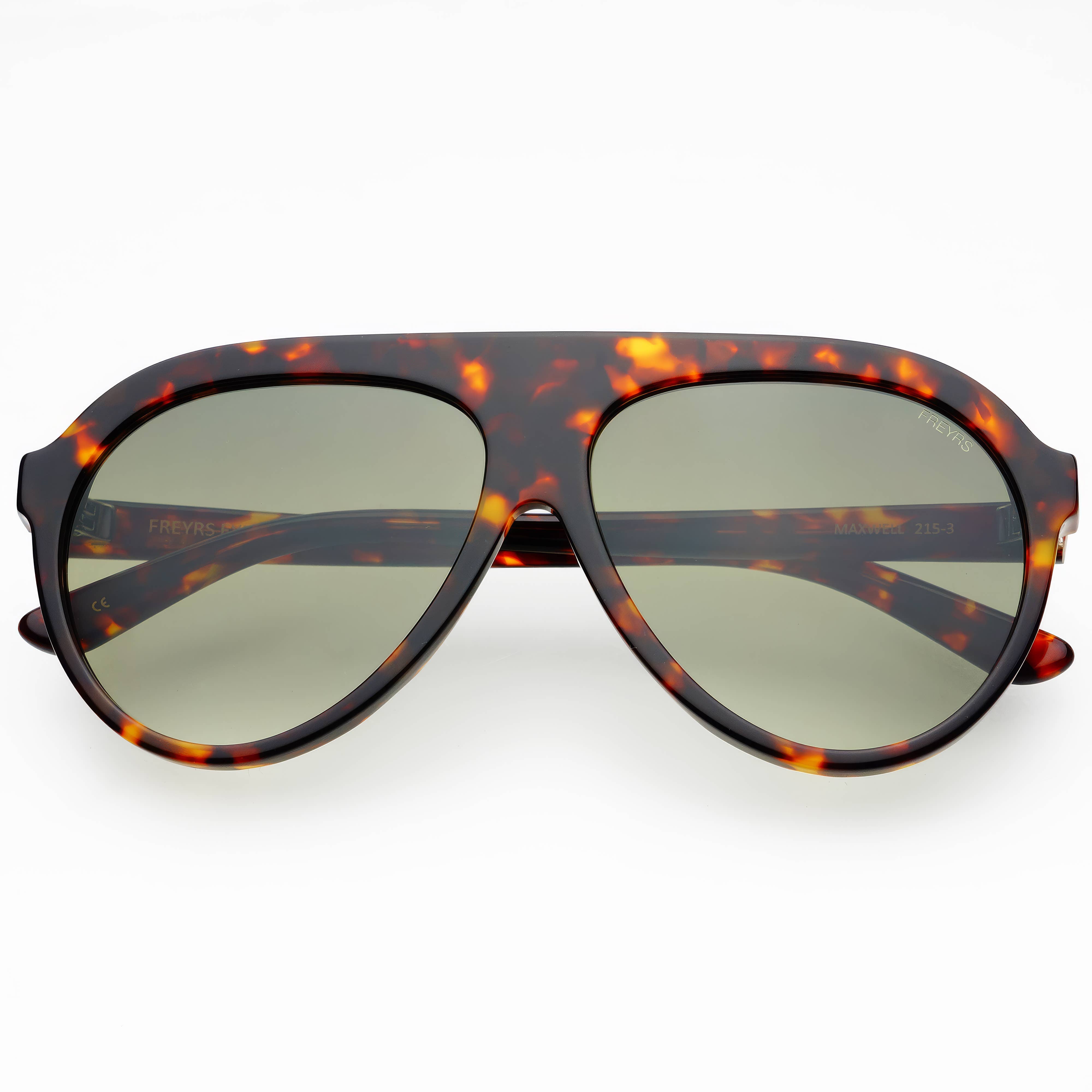 Tortoiseshell sunglasses with reflective lenses on a white background