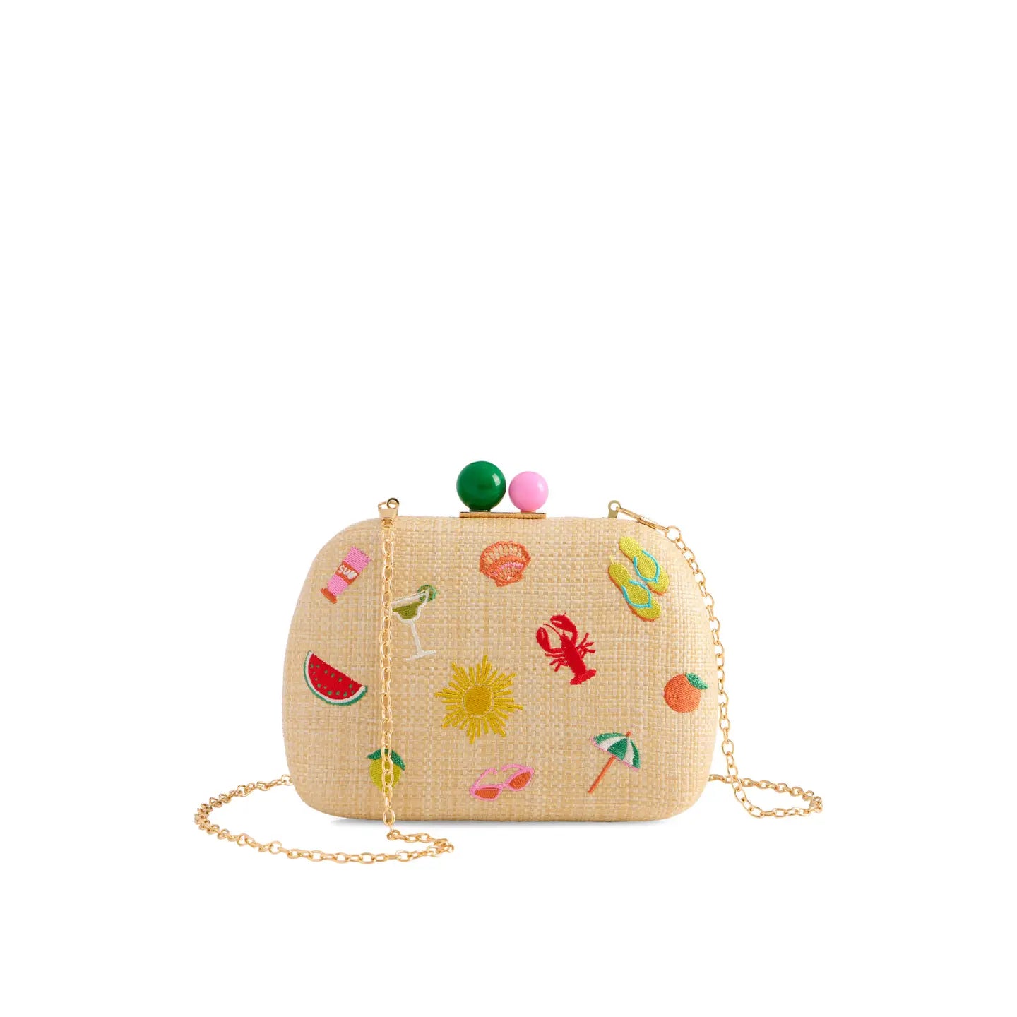 Beige handbag with colorful embroidered designs on a white background