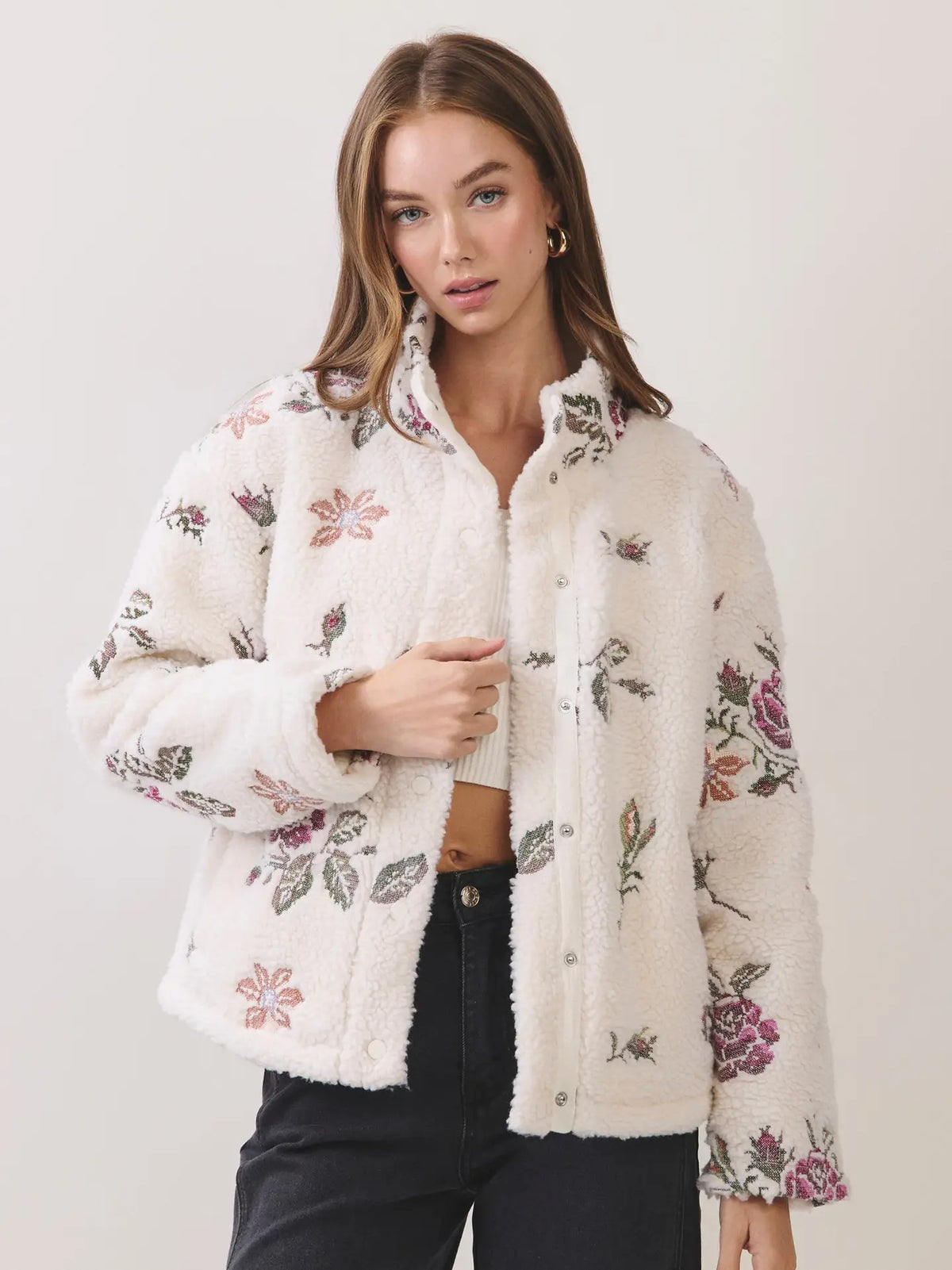 Floral Embroidered Sherpa Jacket