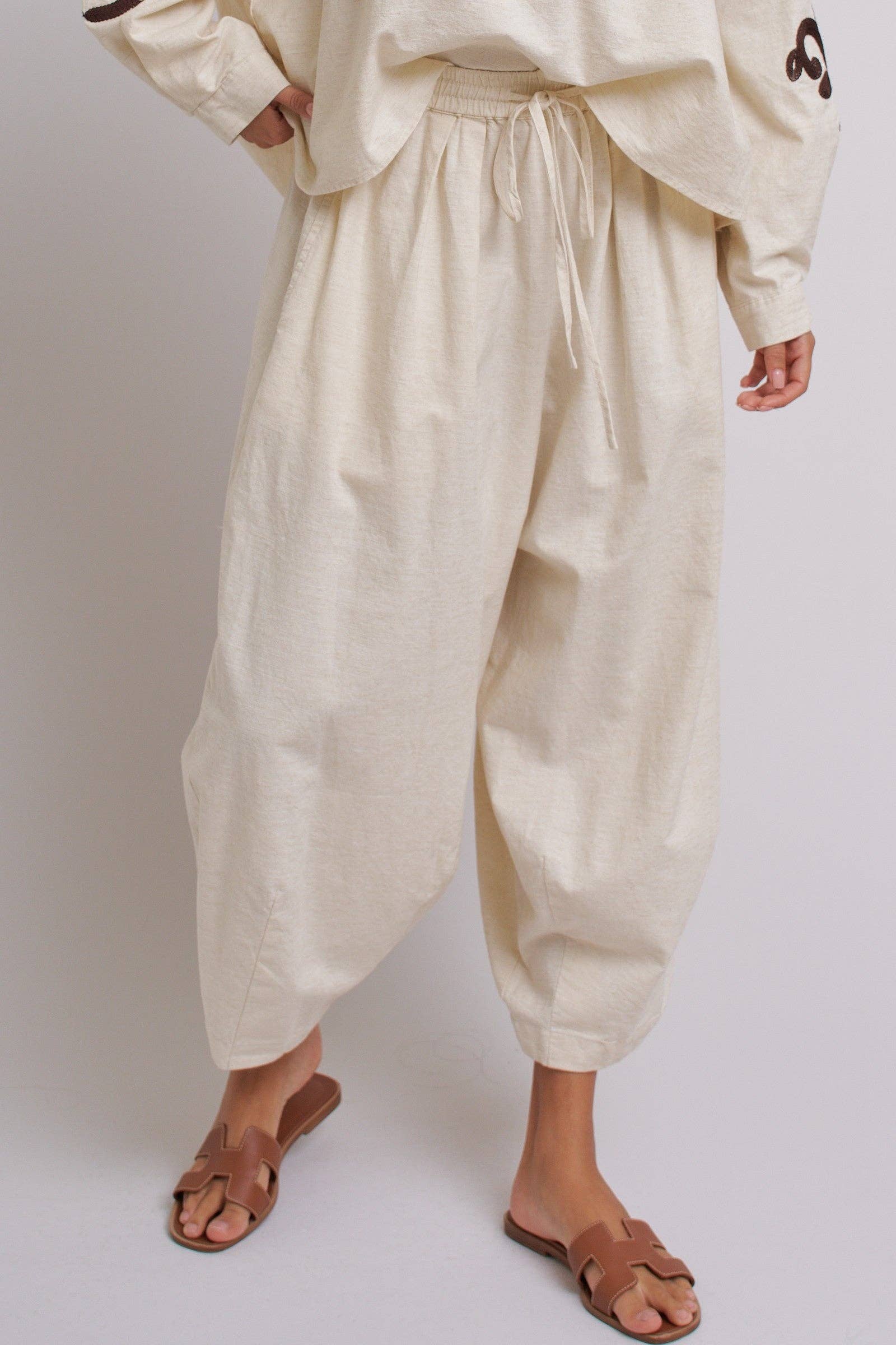 Linen Drawstring Cocoon Pants with Elastic Waist