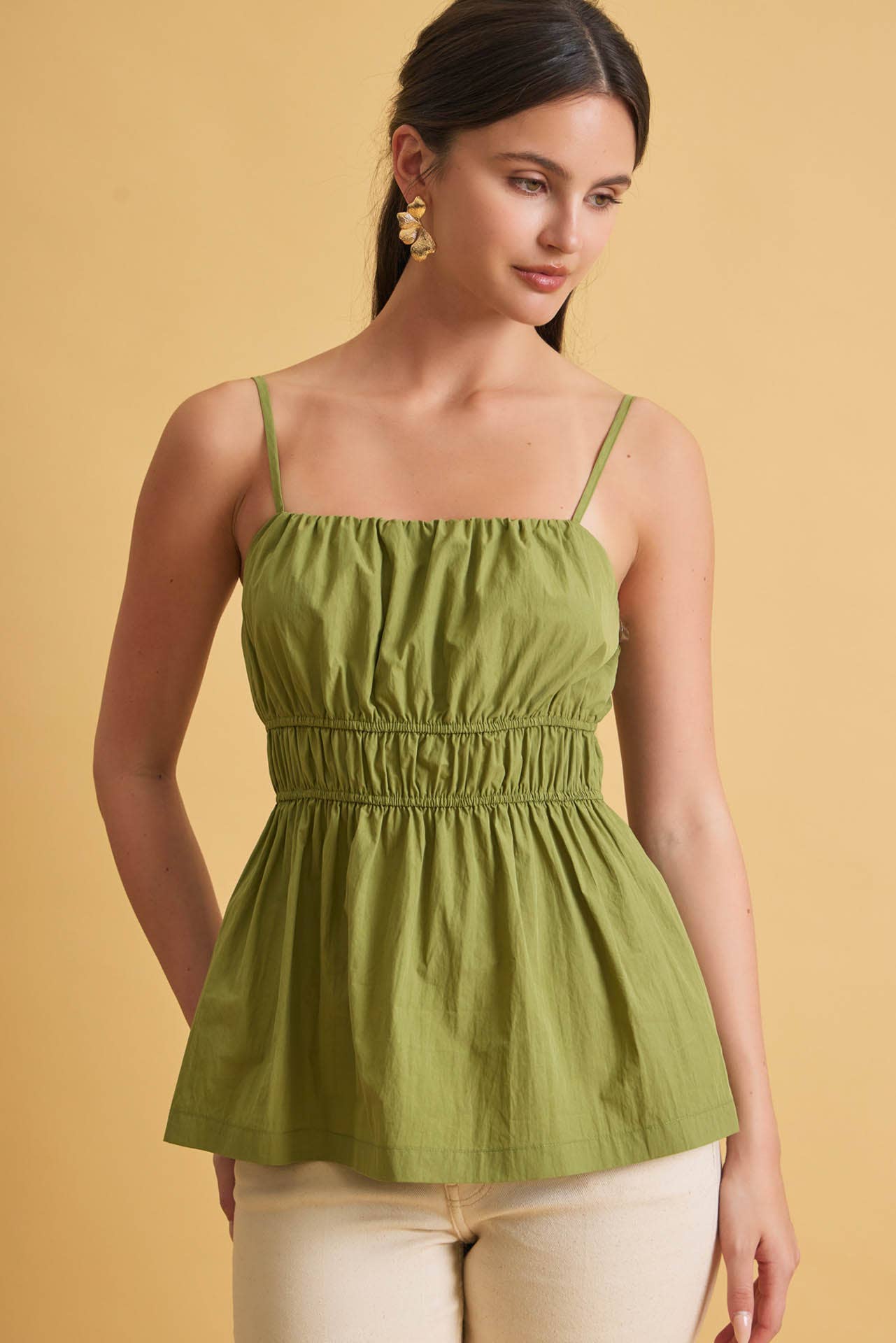 RUCHED CAMI TOP W SOMKED WAIST AND PEPLUM HEM
