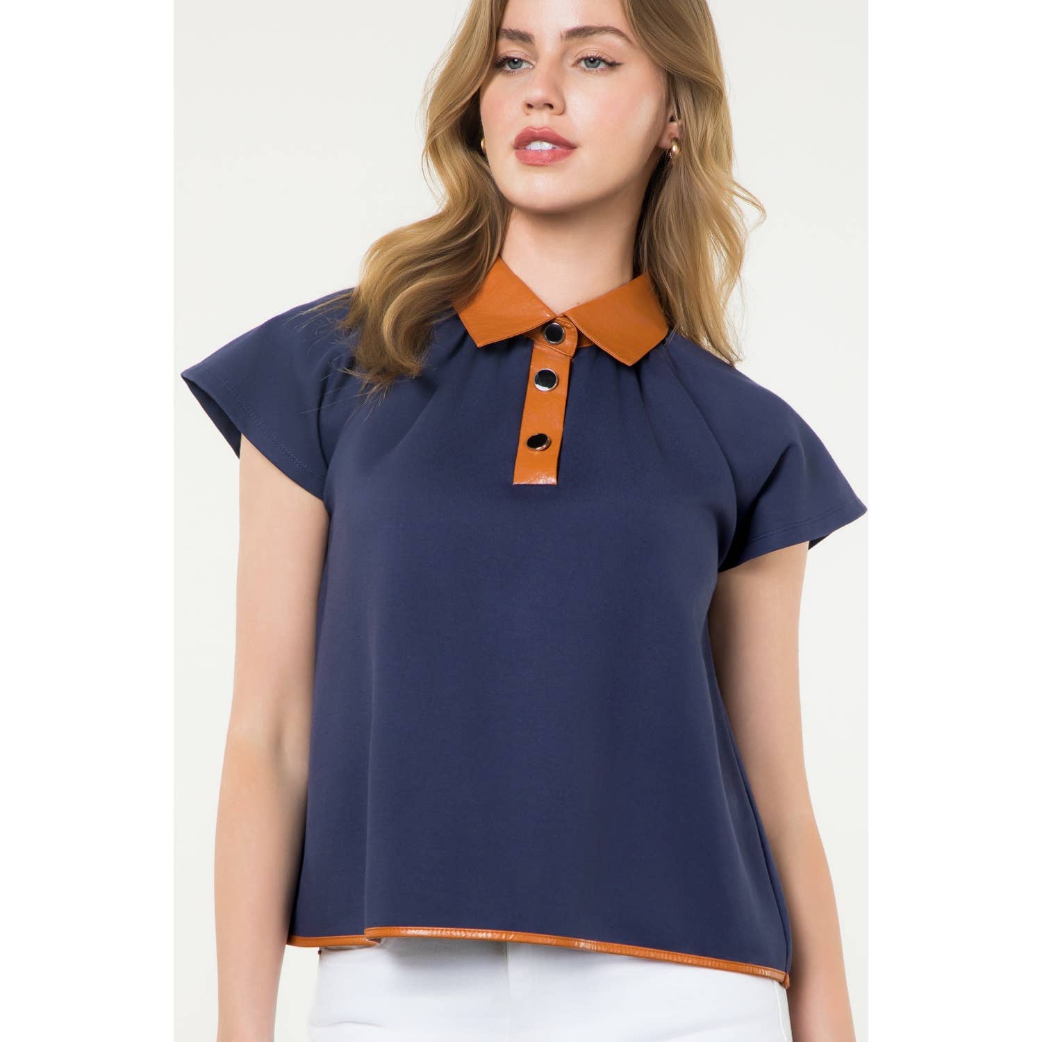 Contrast Collar Faux Leather Top
