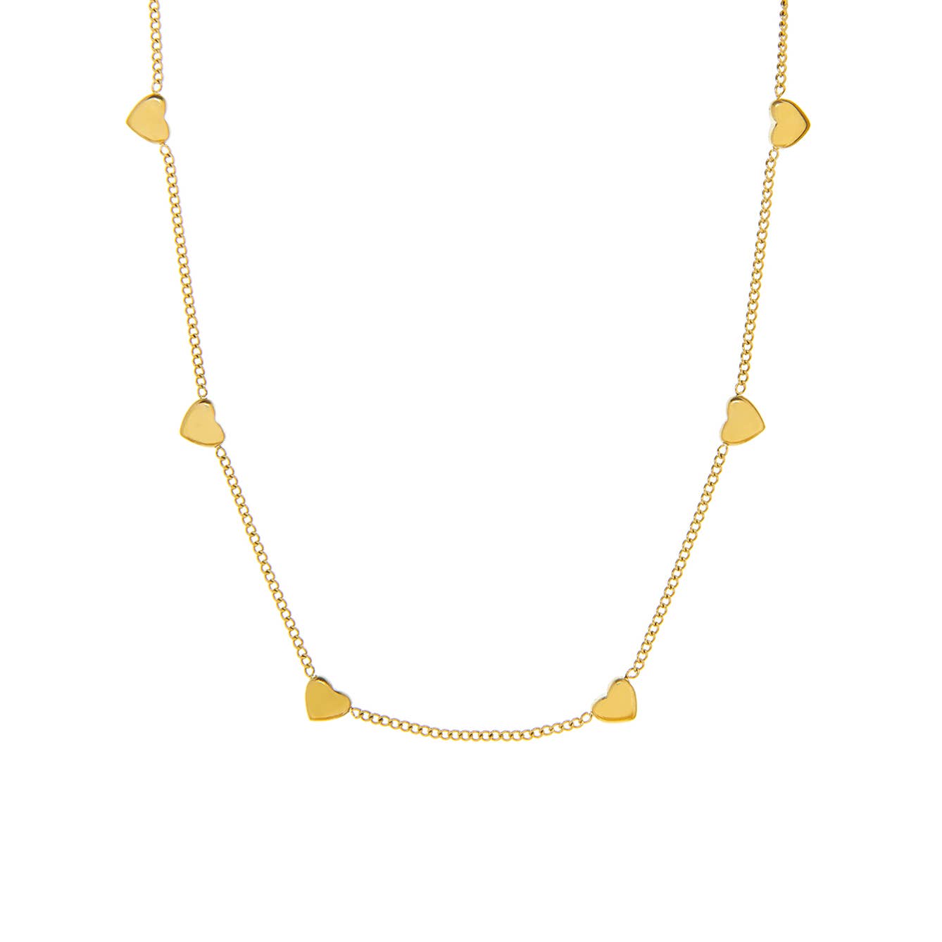 Gold necklace with heart-shaped pendants on a white background