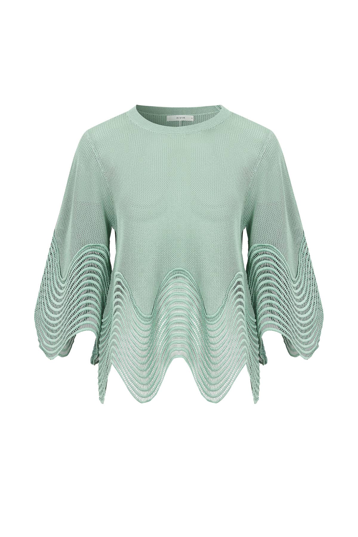 A sage green knit top with a crew neck and wide sleeves, featuring a wavy, scalloped pattern along the lower hem and cuffs, shown against a plain white background.