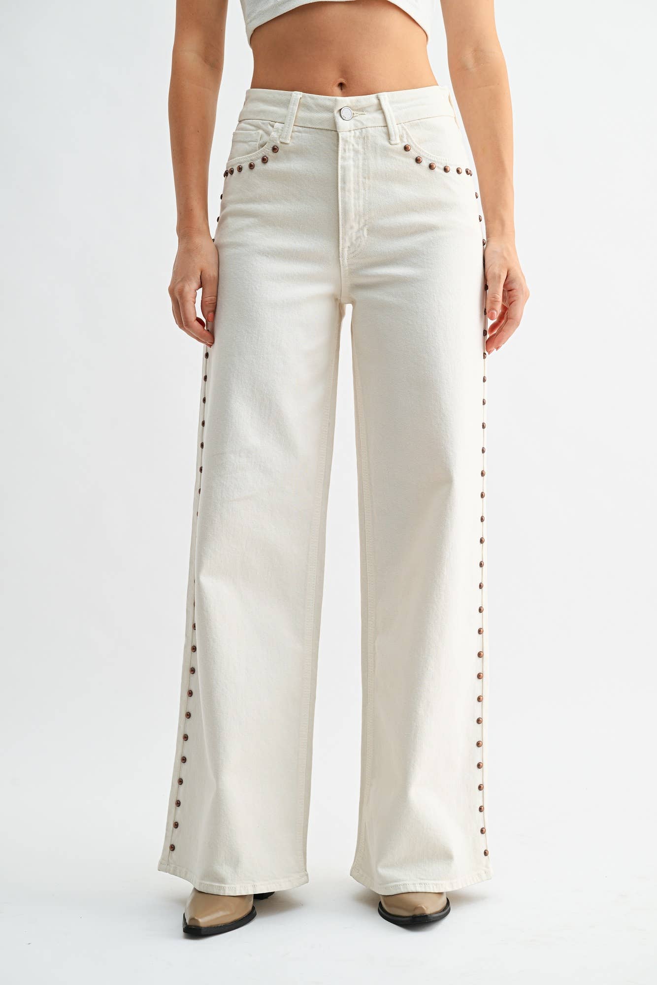 High Rise Cream Studded Wide Leg